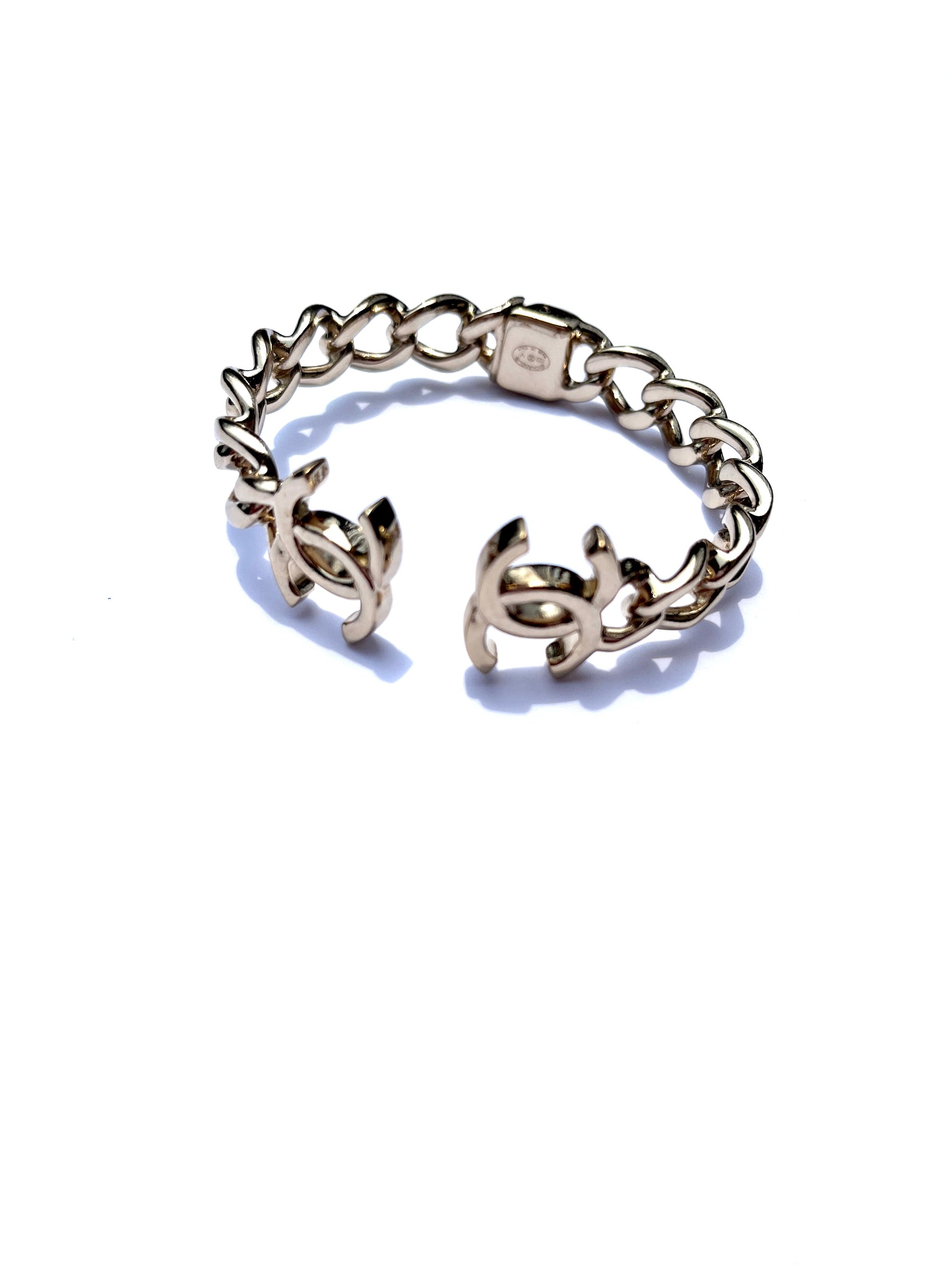 CHANEL 2022 CC Logo Light Gold Metal Cuff Bracelet