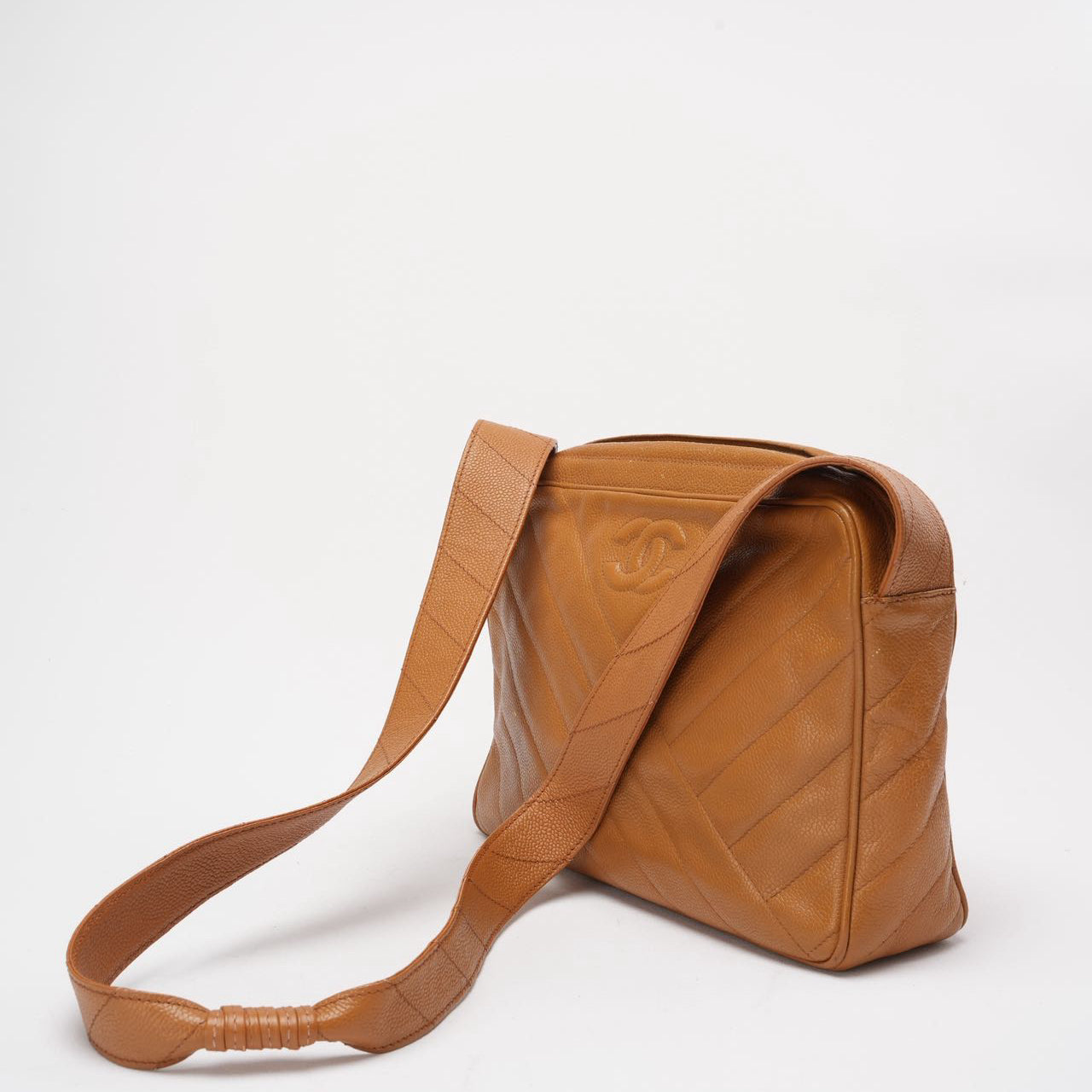Chanel Vintage Caramel Caviar Diagonal Crossbody Bag