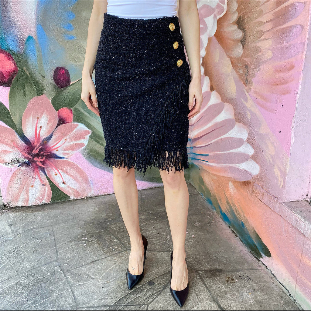 Balmain Stretch Knit Shimmer Tweed Fringe Pencil Skirt - FR40 / USA M