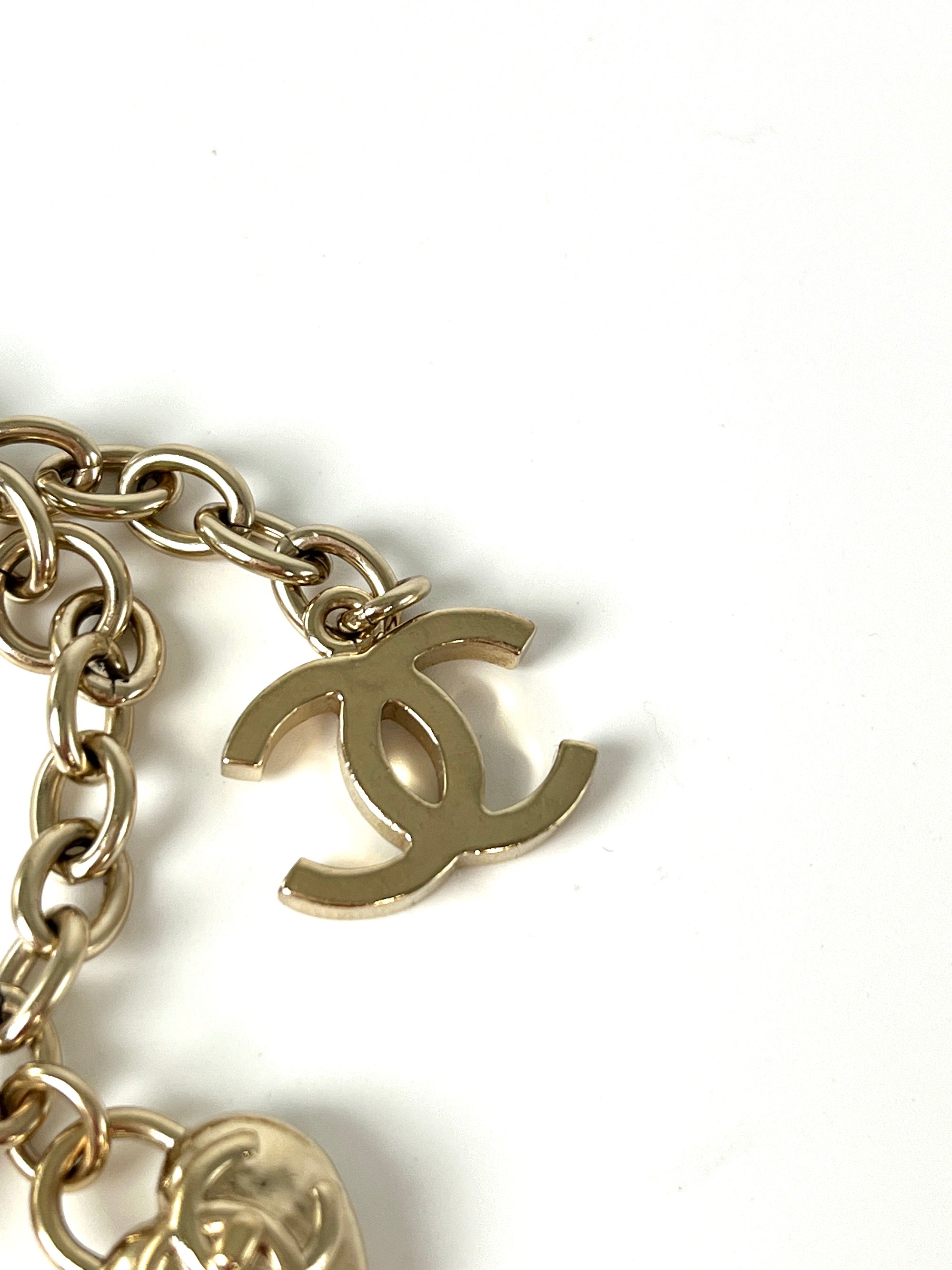 CHANEL 2022 CC Logo Light Gold Metal Charm Bracelet
