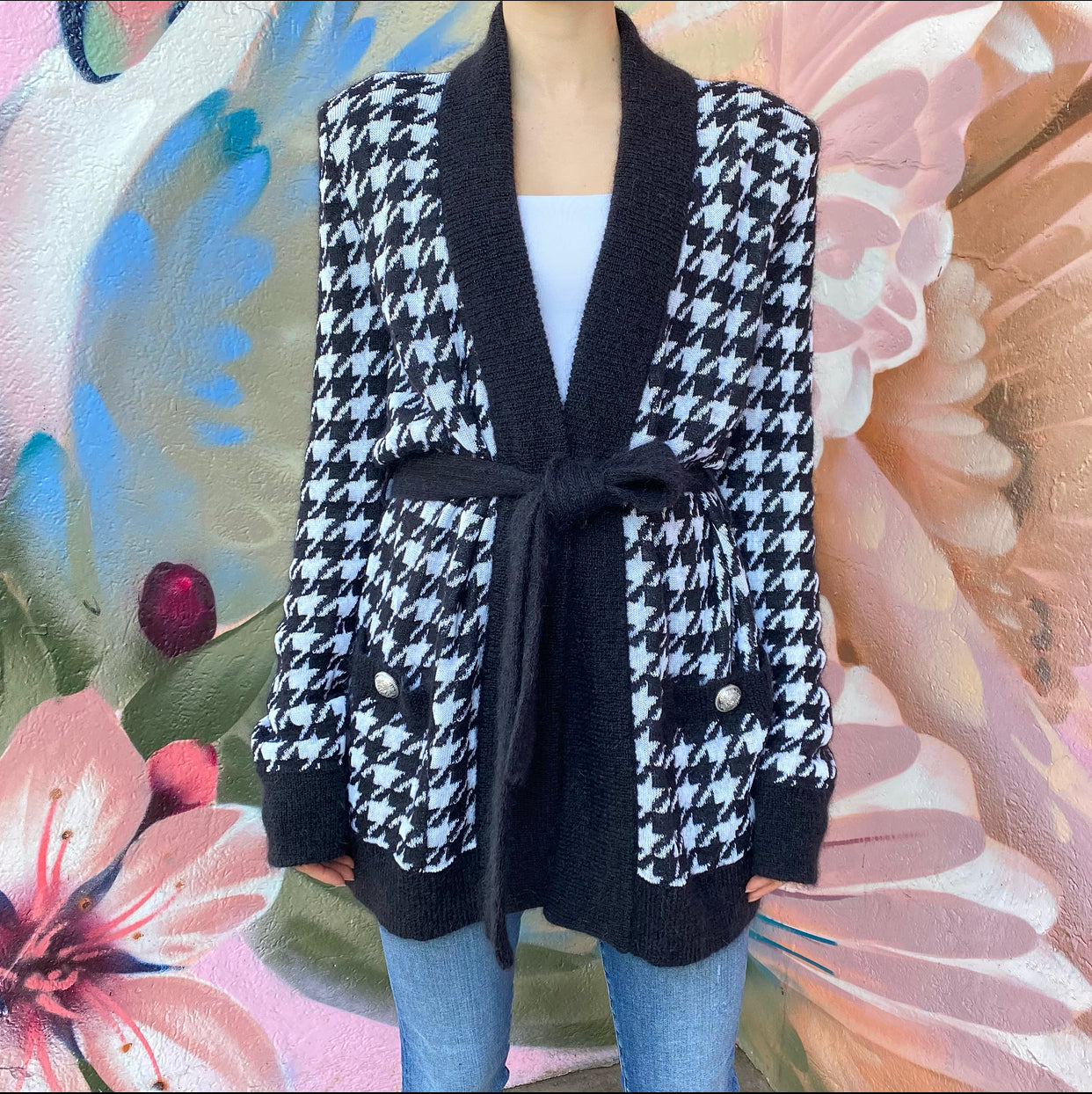 Balmain Mohair Blend Houndstooth Belted igan Sweater - FR38 / USA 6