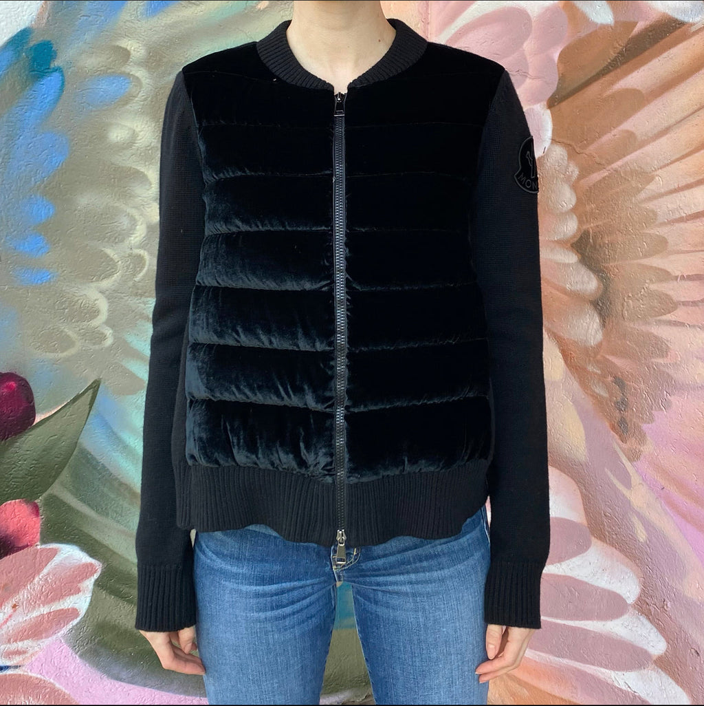 Moncler Black Velvet and Wool Quilted Maglione igan - S