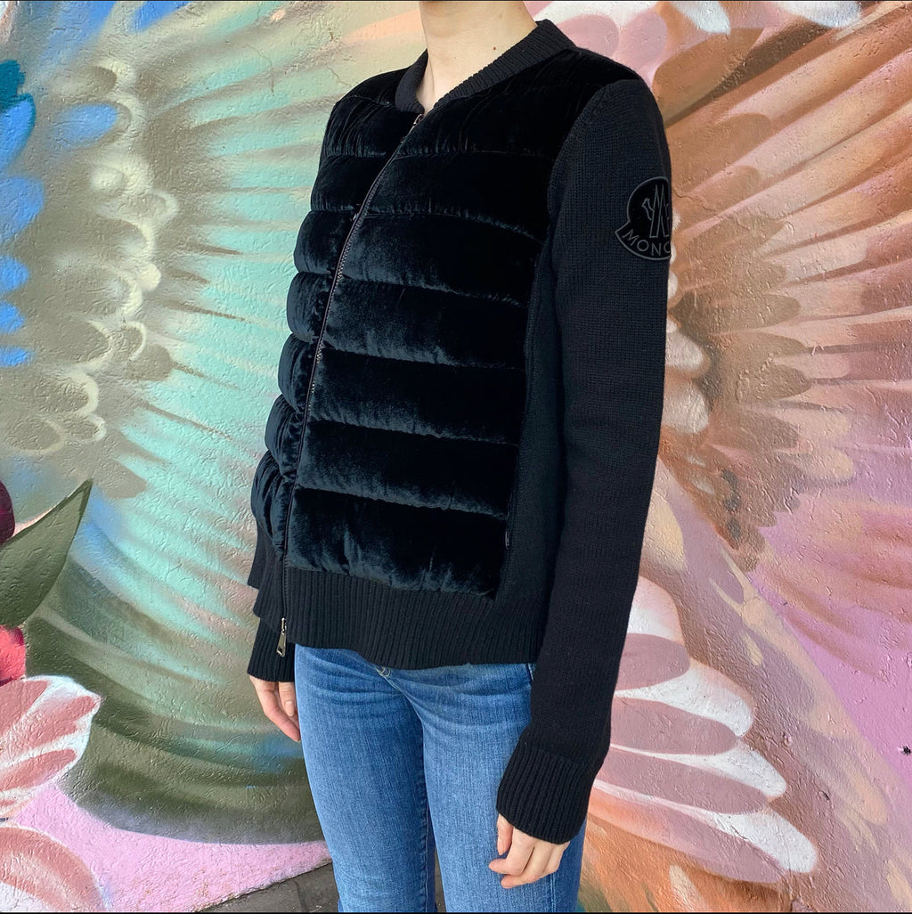 Moncler Black Velvet and Wool Quilted Maglione igan - S