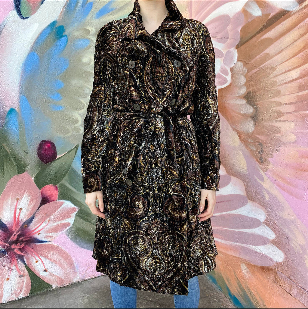 Burberry Brown Gold Crushed Velvet Paisley Coat - UK10 / USA 6