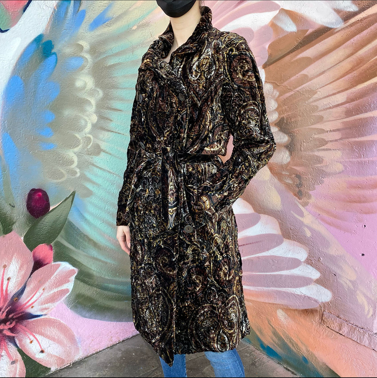 Burberry Brown Gold Crushed Velvet Paisley Coat - UK10 / USA 6