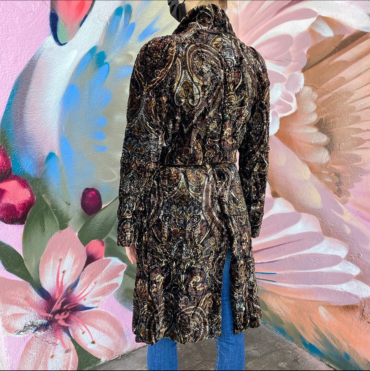 Burberry Brown Gold Crushed Velvet Paisley Coat - UK10 / USA 6