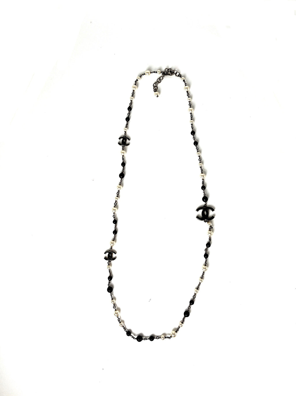 CHANEL Faux Pearl Navy CC Station Bead Long Necklace