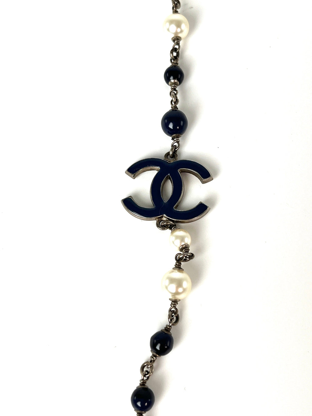 CHANEL Faux Pearl Navy CC Station Bead Long Necklace