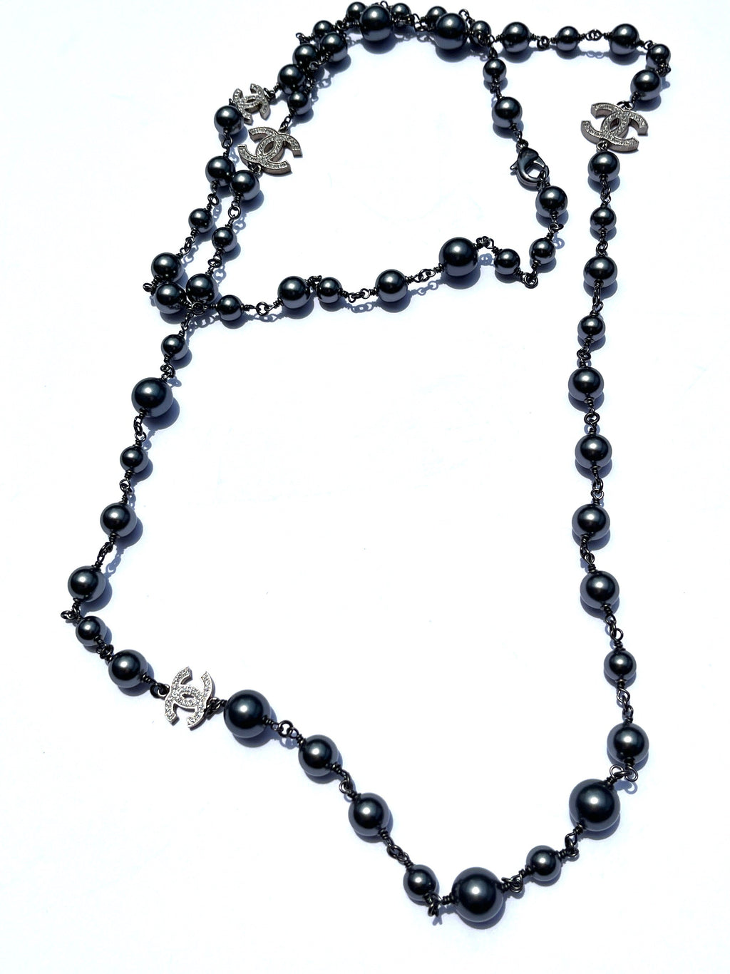 On layaway CHANEL Gray Faux Pearl Strass CC Station Long Necklace
