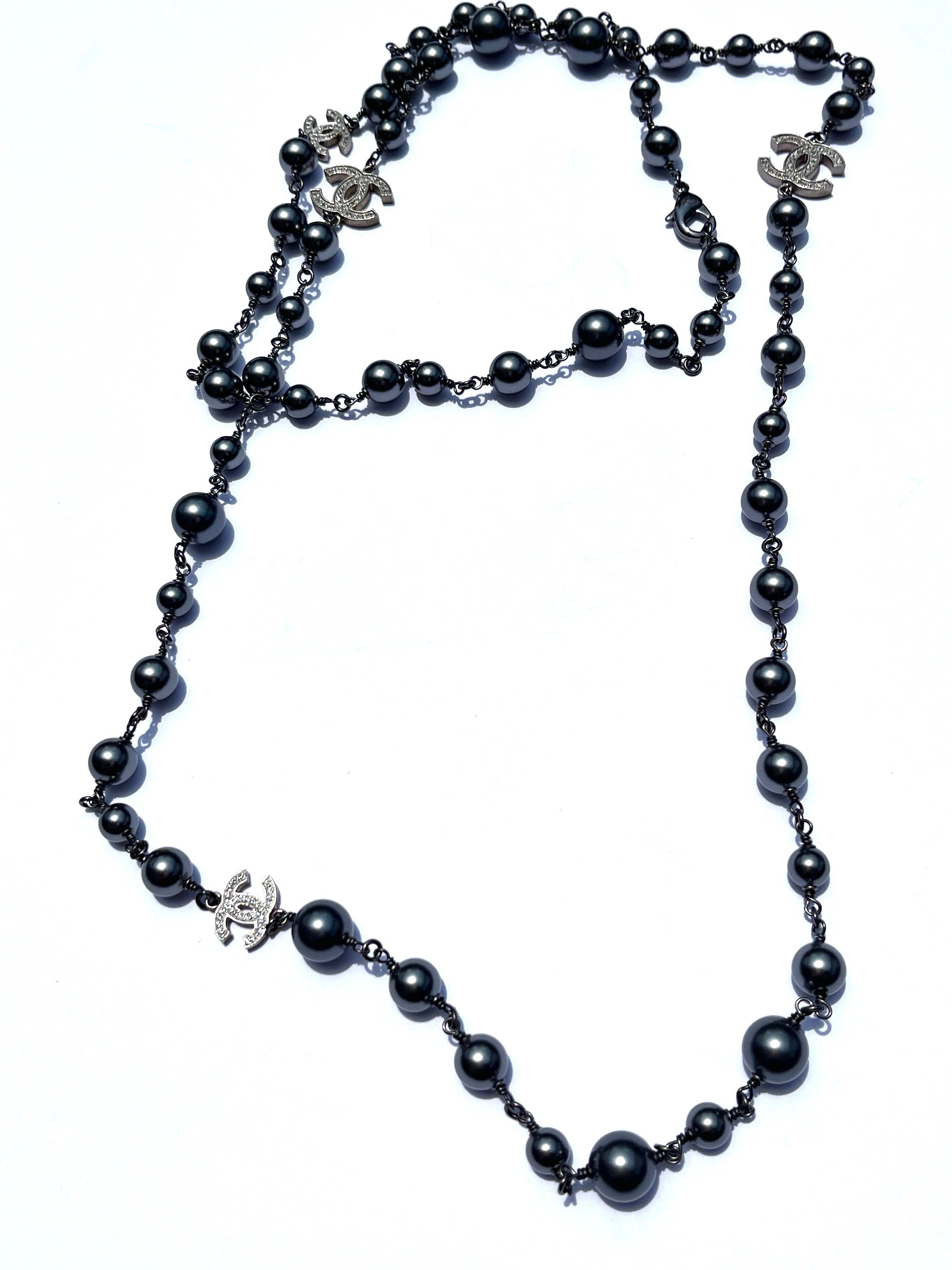 On layaway CHANEL Gray Faux Pearl Strass CC Station Long Necklace