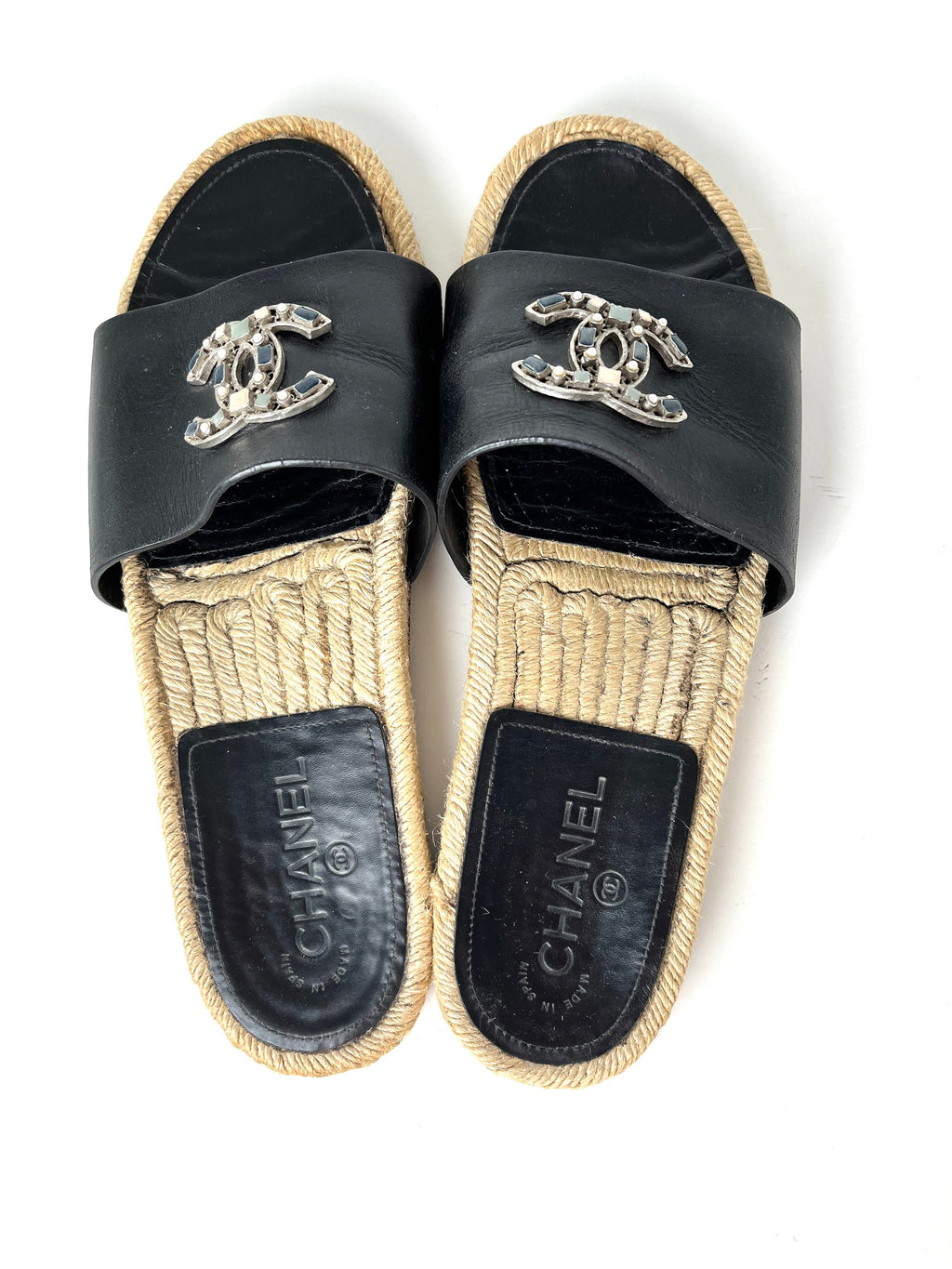 CHANEL 2017 Espadrille Black CC Logo Leather Slip on Slides Sandals 41 10.5