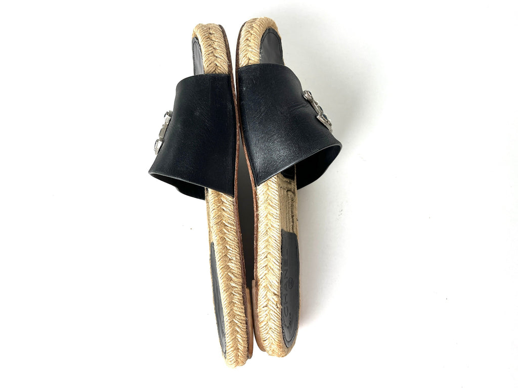 CHANEL 2017 Espadrille Black CC Logo Leather Slip on Slides Sandals 41 10.5