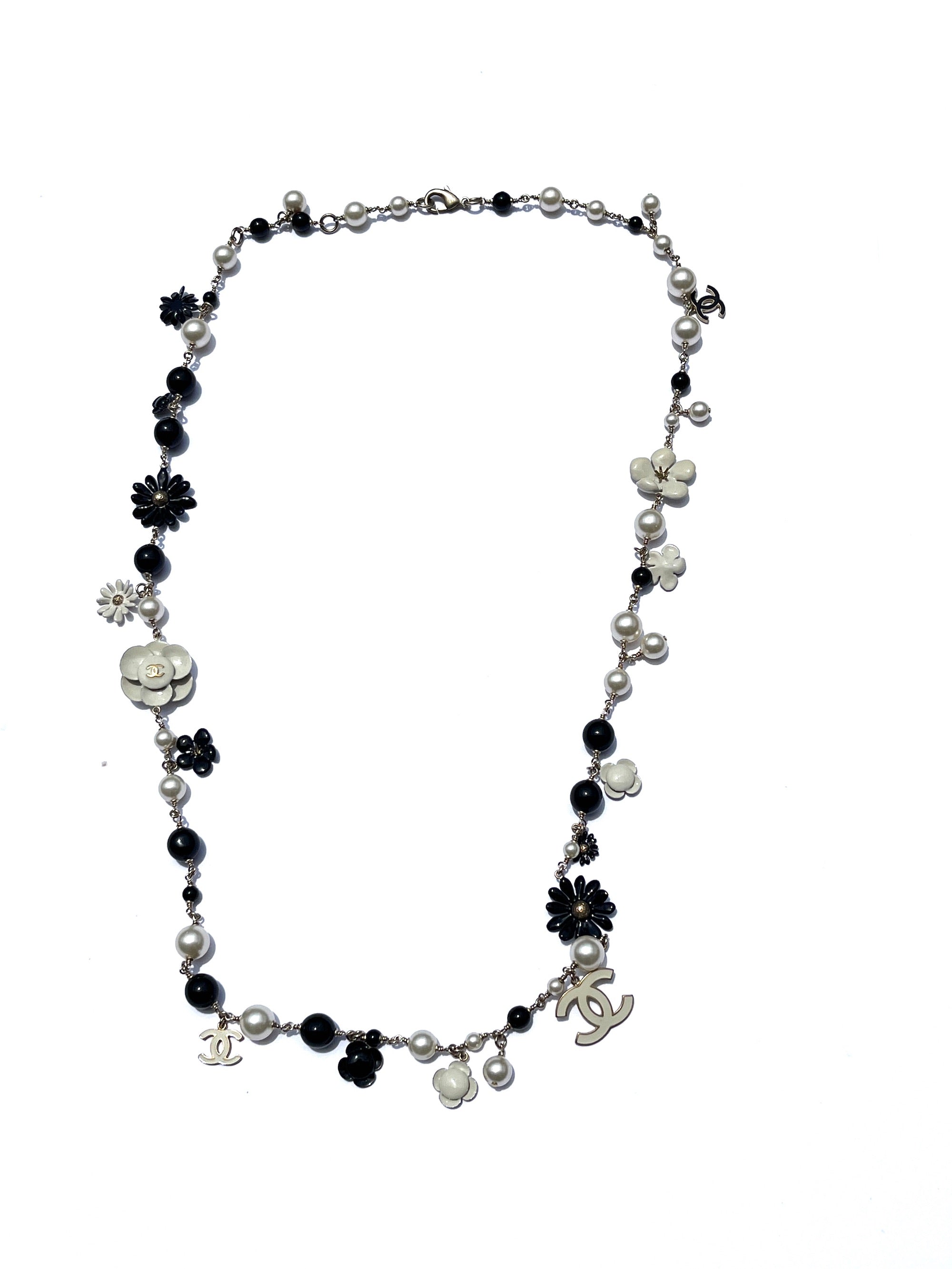 CHANEL Faux Pearl CC Black White Flower Station Long Necklace