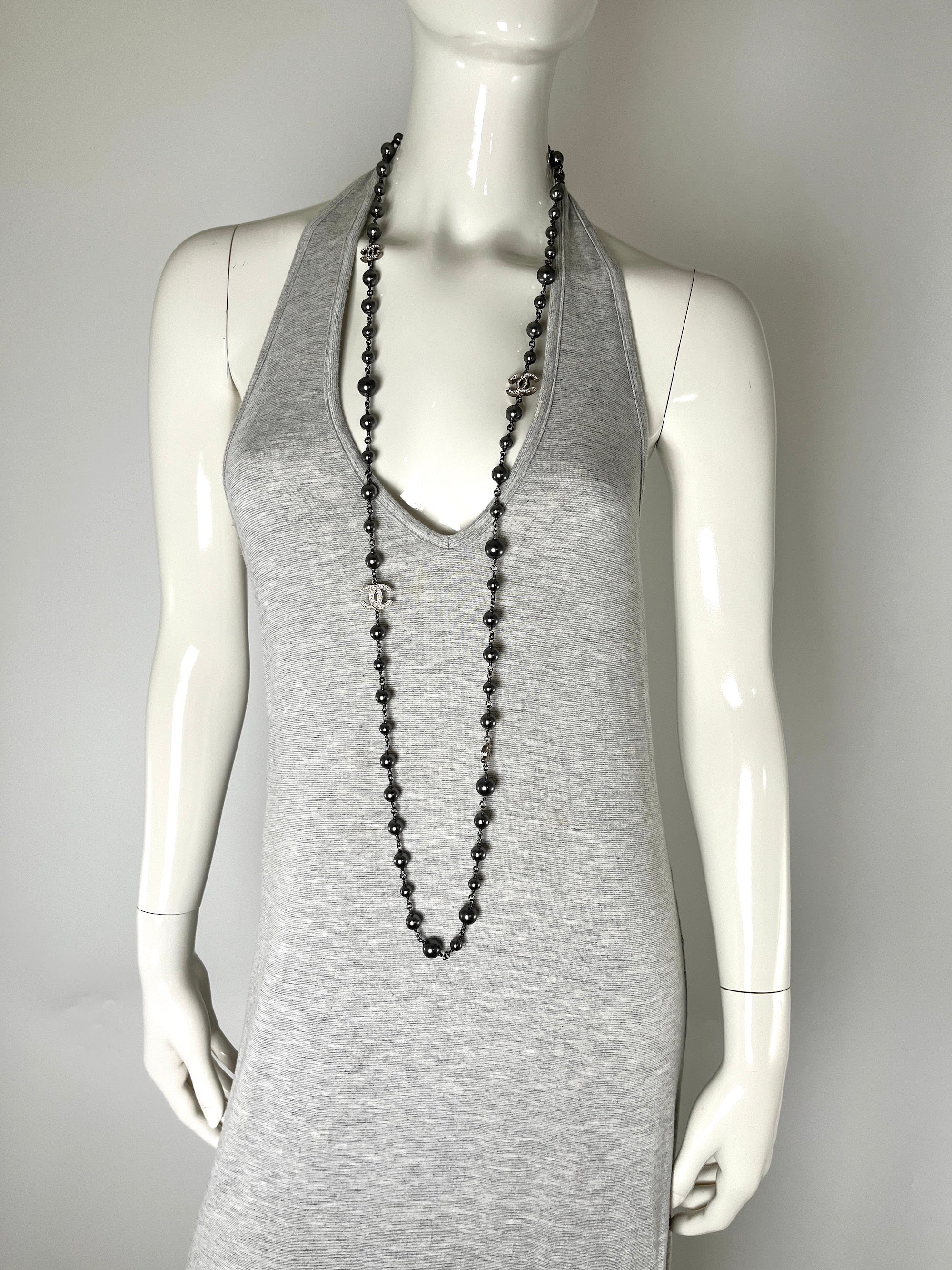 On layaway CHANEL Gray Faux Pearl Strass CC Station Long Necklace