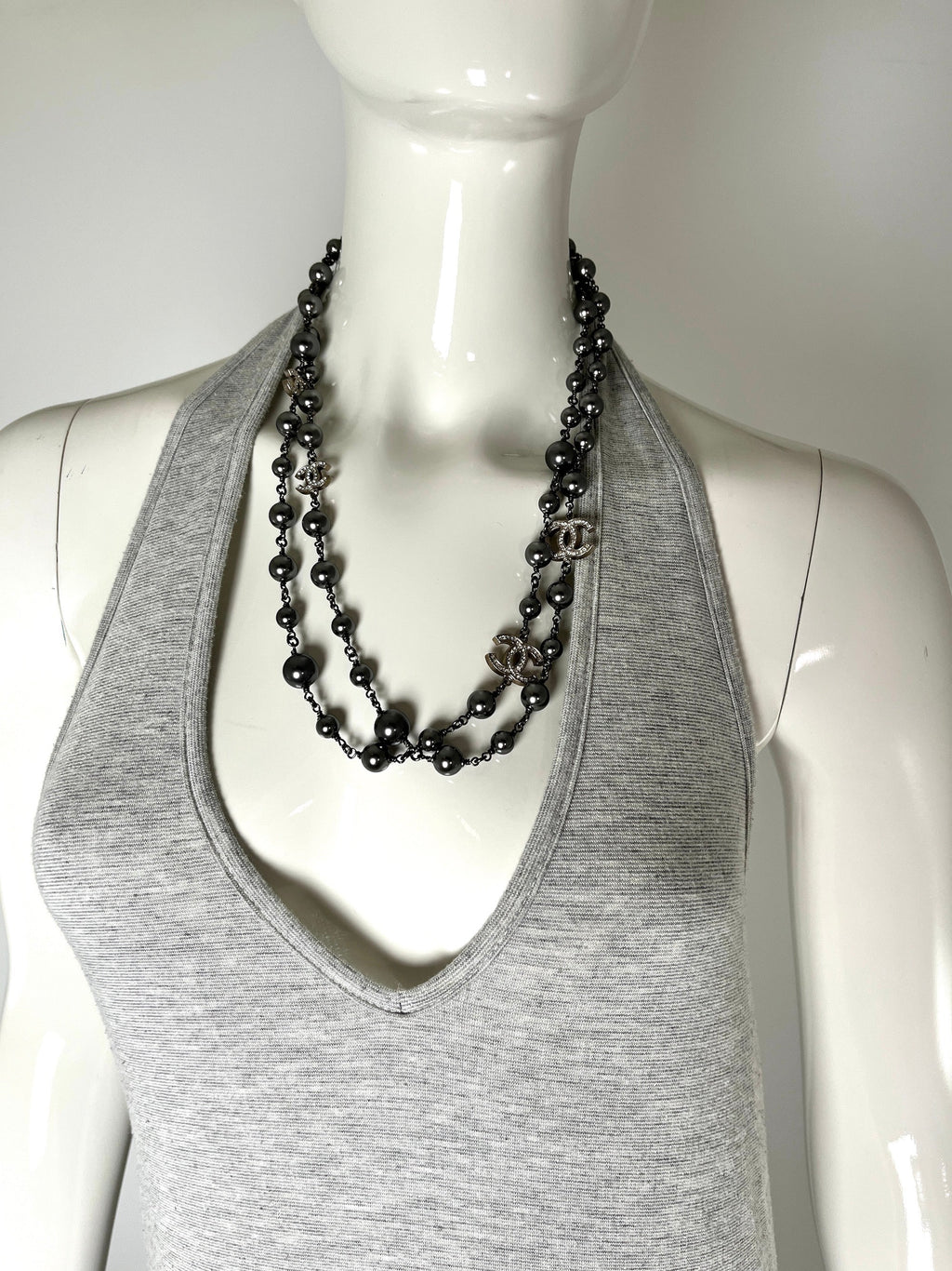 On layaway CHANEL Gray Faux Pearl Strass CC Station Long Necklace