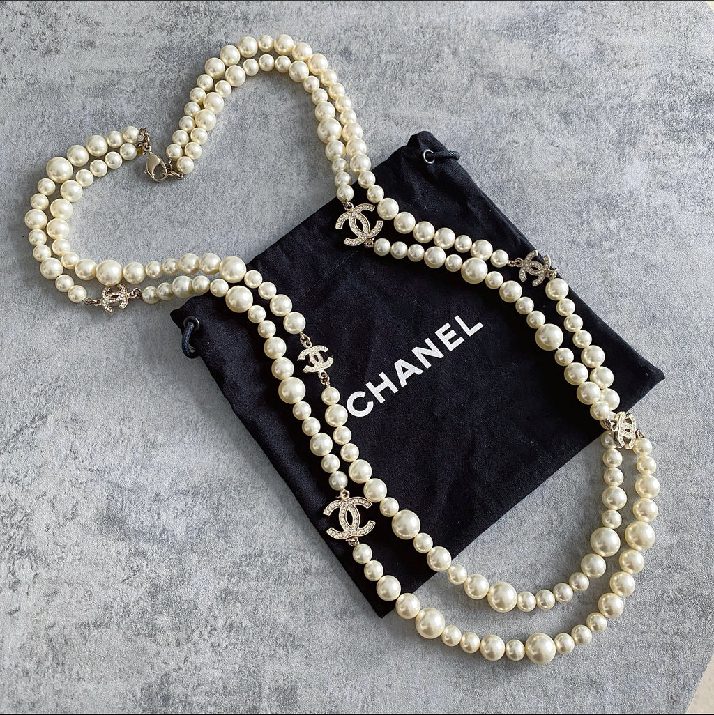 Chanel 12P Pearl Double Strand Necklace with Crystal CC Stations