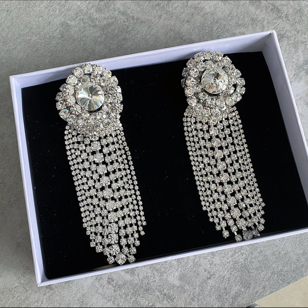 Alessandra Rich Huge Statement Rhinestone Crystal Fringe Earrings