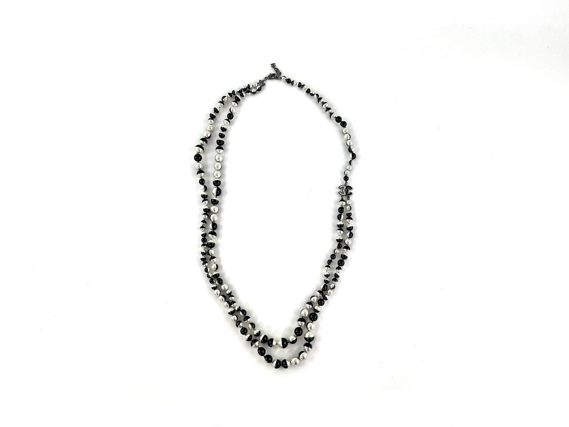 Chanel Faux Pearl Black Silver Multistrand CC Long Necklace