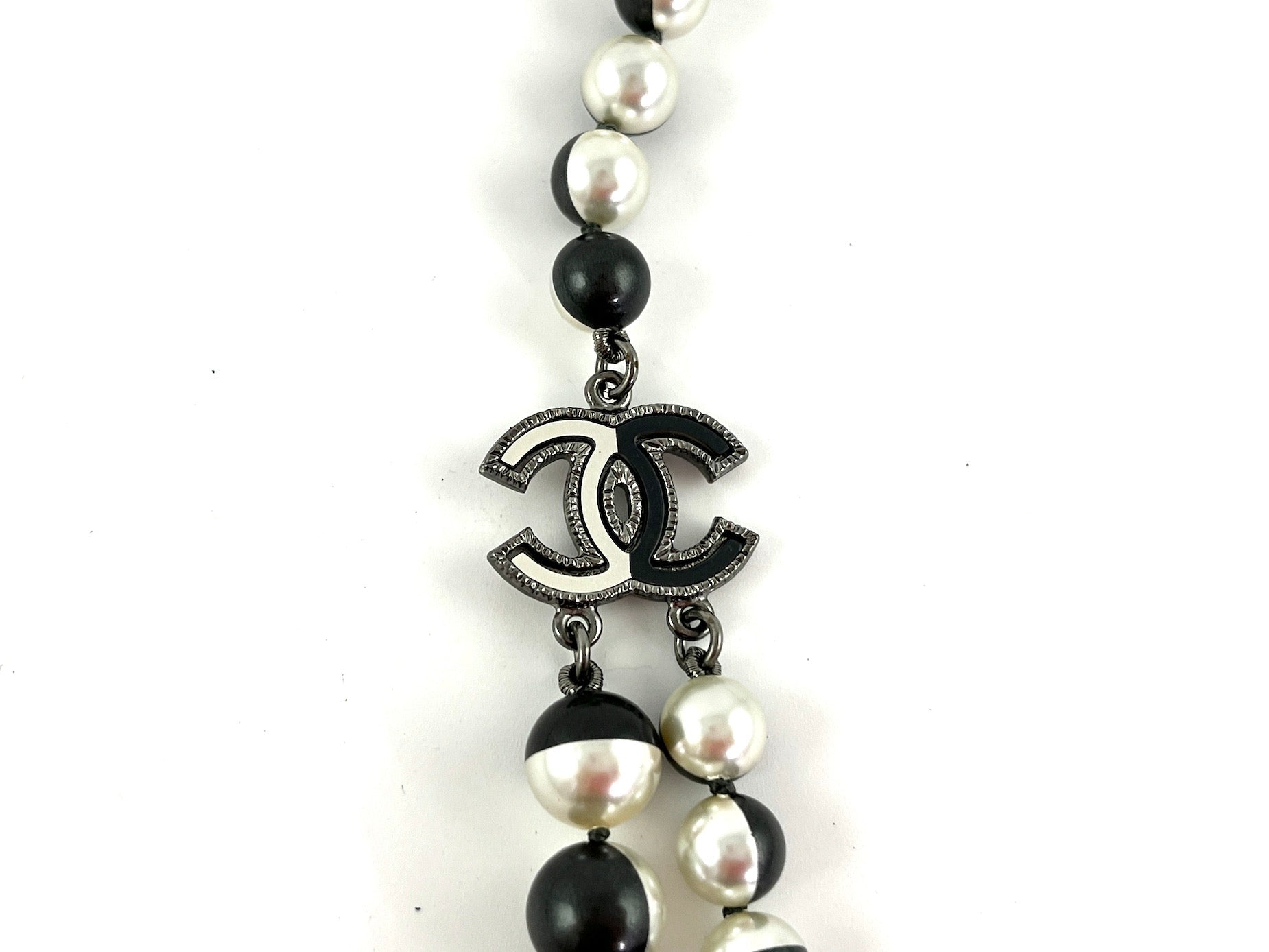 Chanel Faux Pearl Black Silver Multistrand CC Long Necklace
