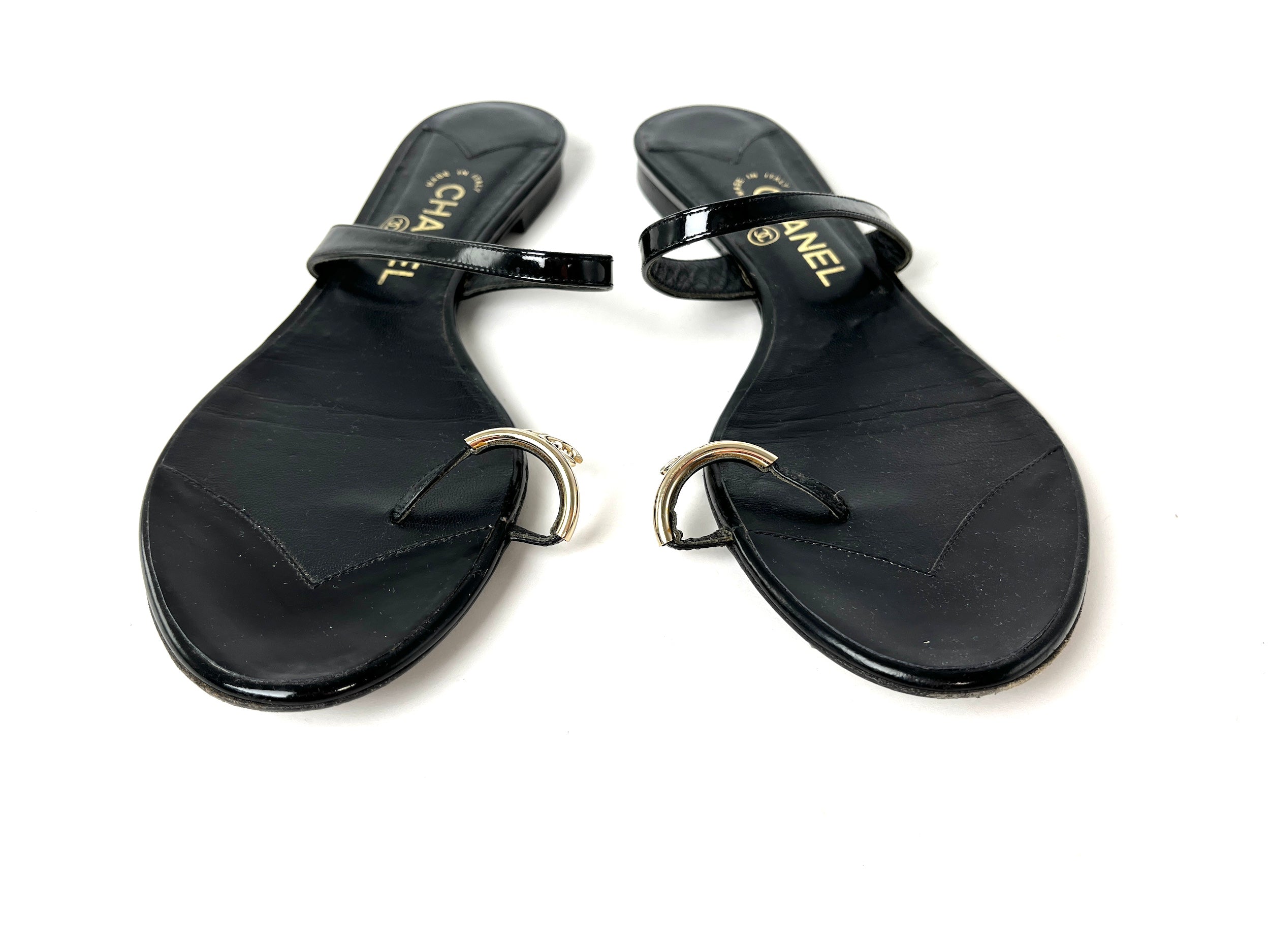 CHANEL Black CC Logo Leather Slip on Sandals 41.5 10.5