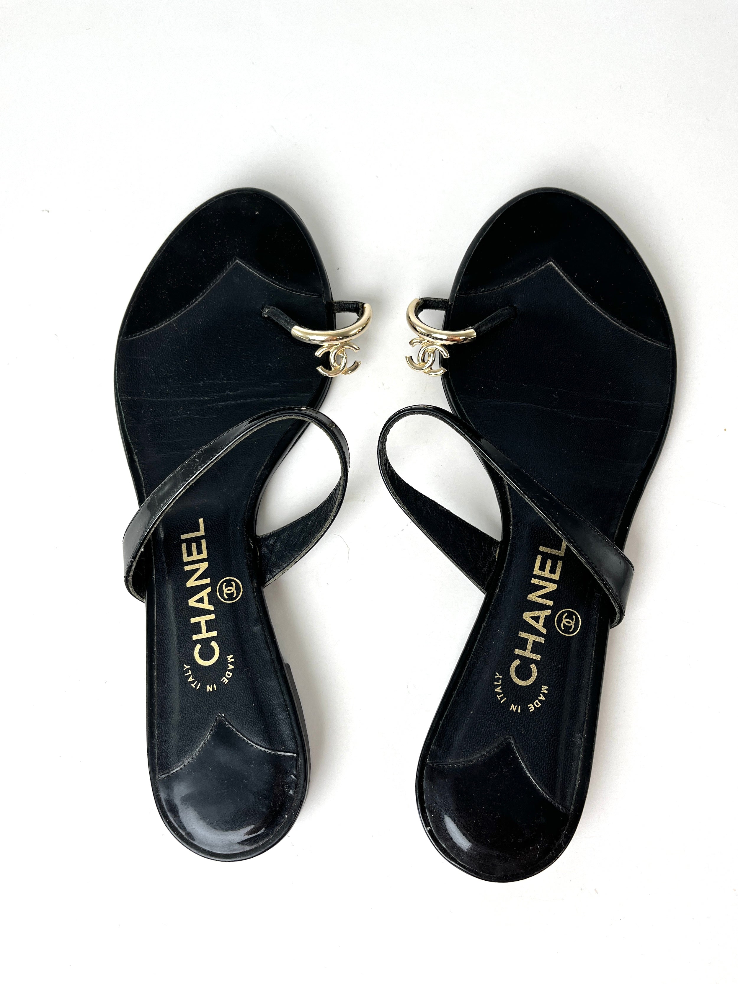 CHANEL Black CC Logo Leather Slip on Sandals 41.5 10.5
