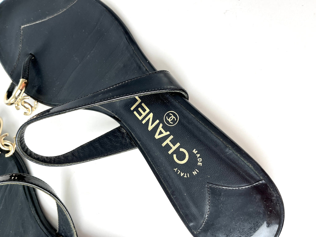 CHANEL Black CC Logo Leather Slip on Sandals 41.5 10.5