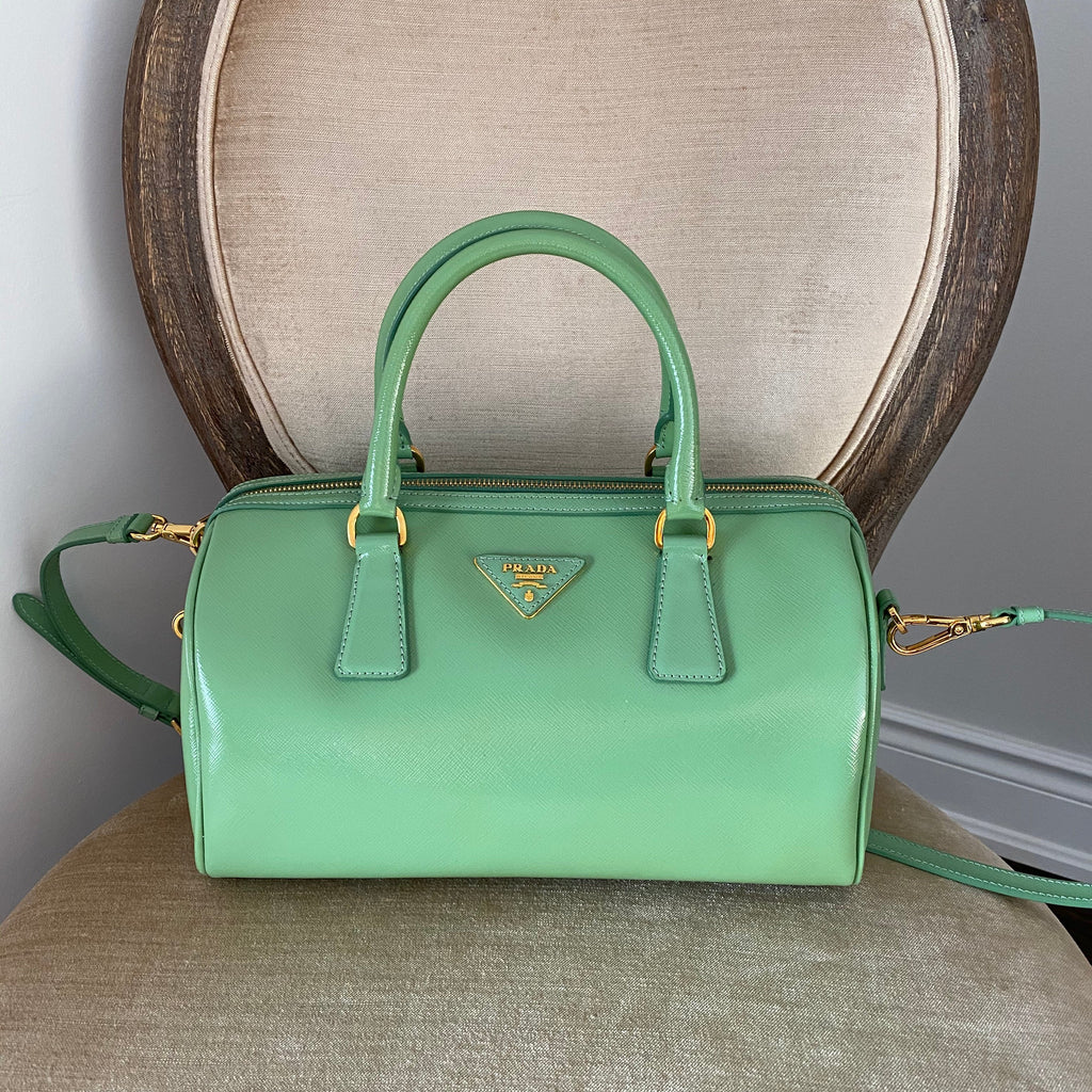 Prada Lime Green Saffiano Vernice Bauletto Small Doctor Bag