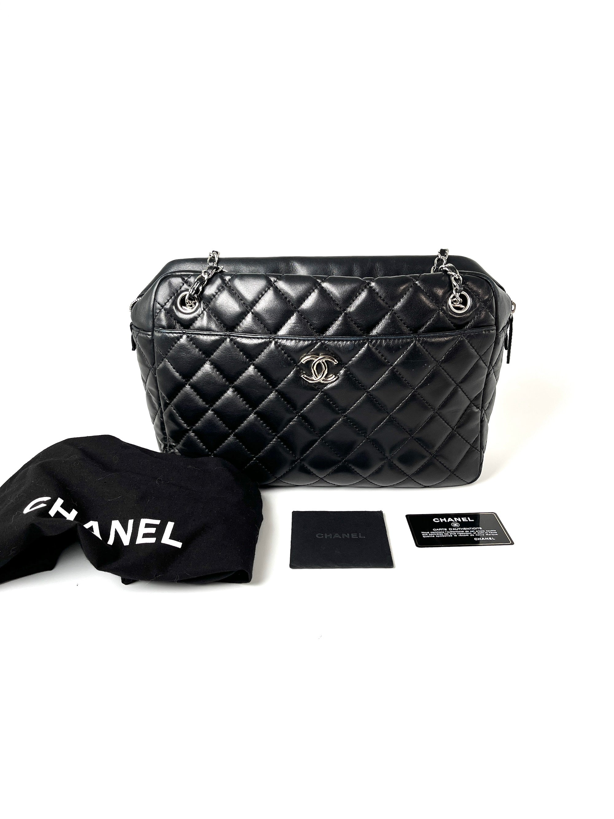 CHANEL Black Quilted Camera Case Jumbo Leather Tote Bag