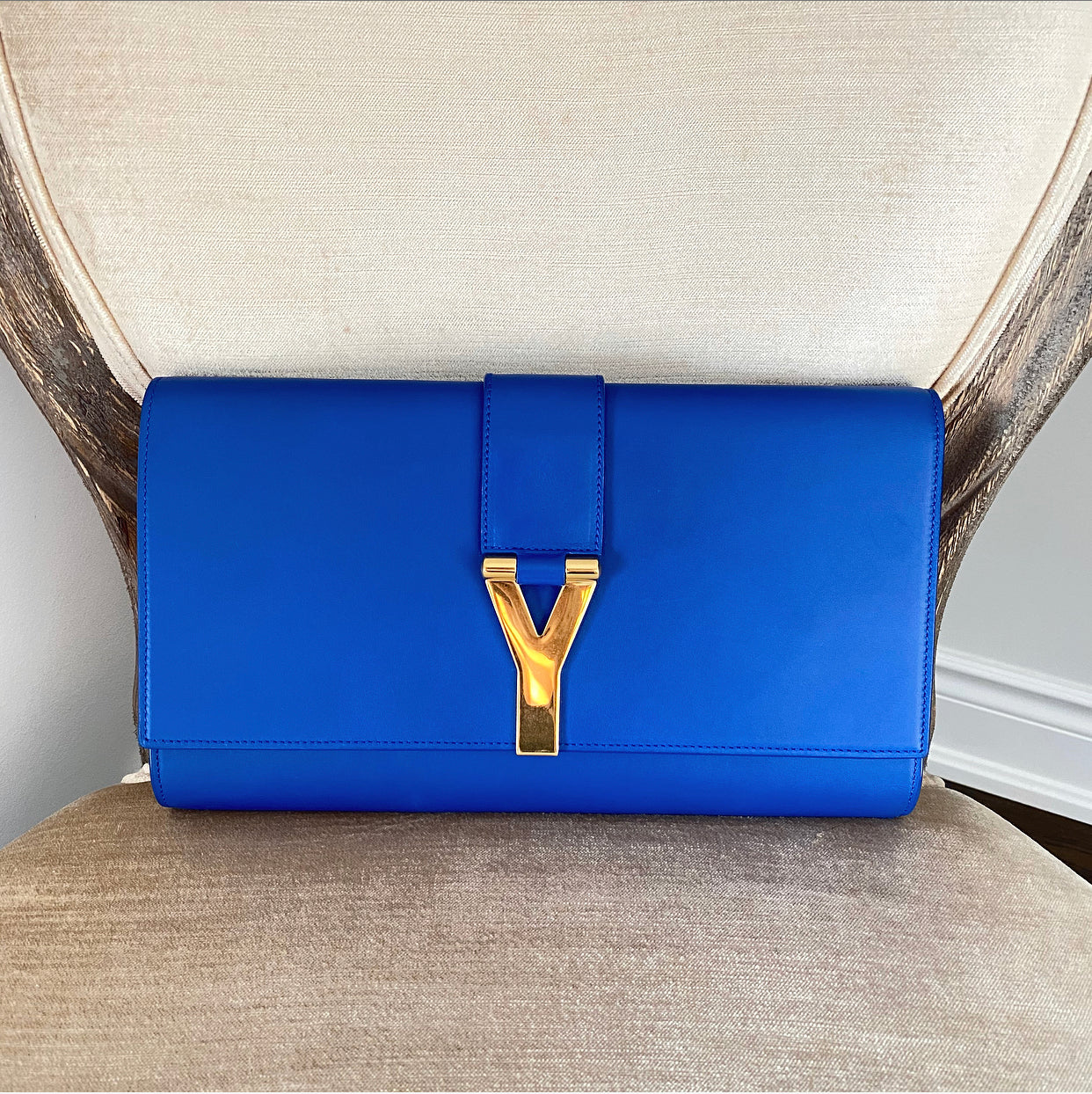 YSL Saint Laurent Electric Blue Classic Y Ligne Clutch Bag
