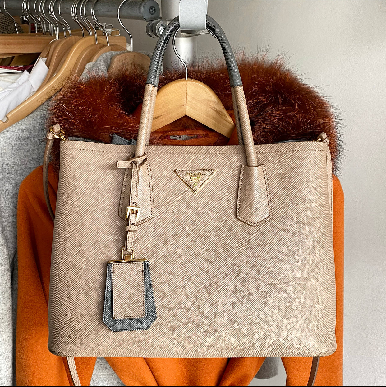 Prada Beige and Grey Bicolor Saffiano Medium Double Tote Bag