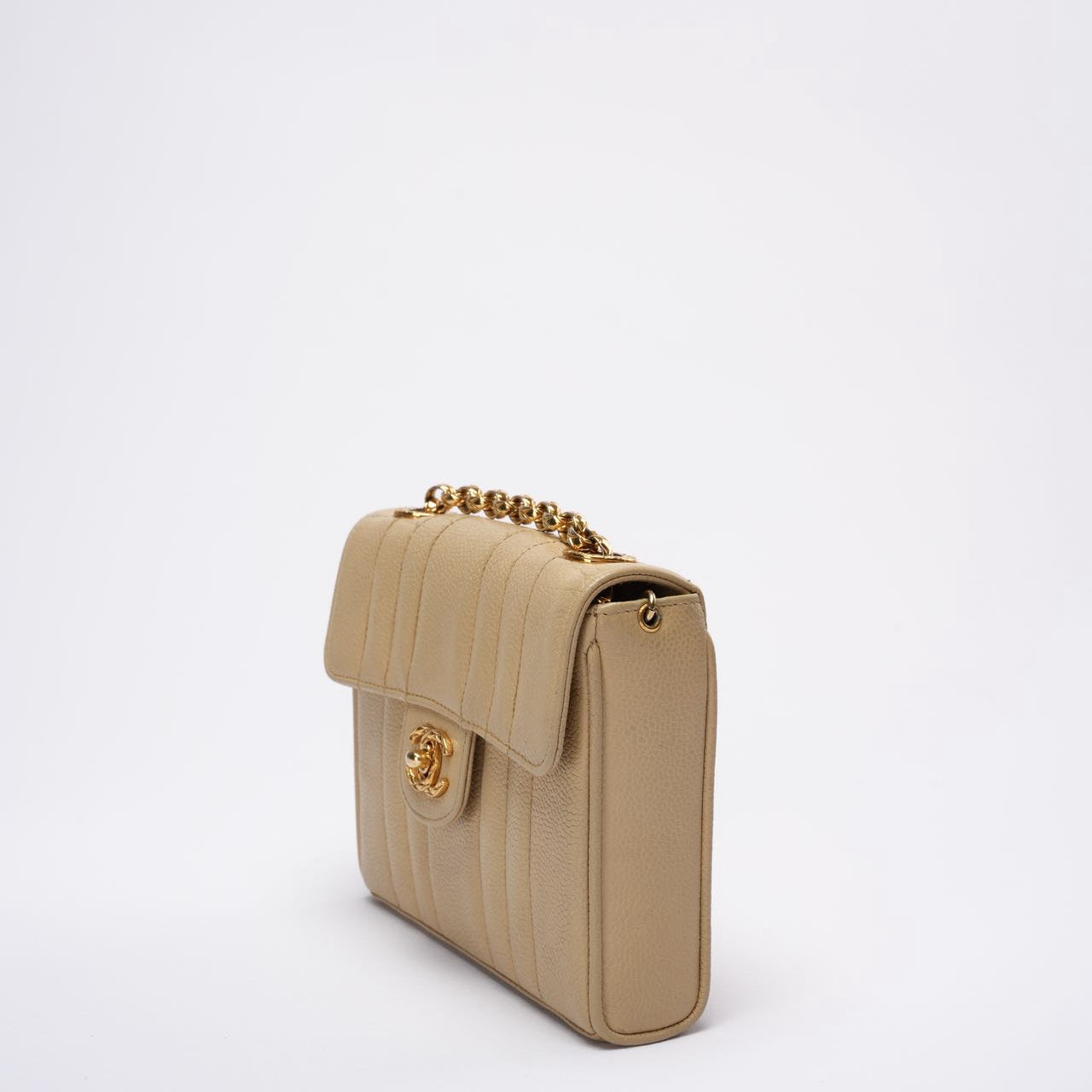 Chanel Vintage Beige Single Flap Bag Caviar Leather