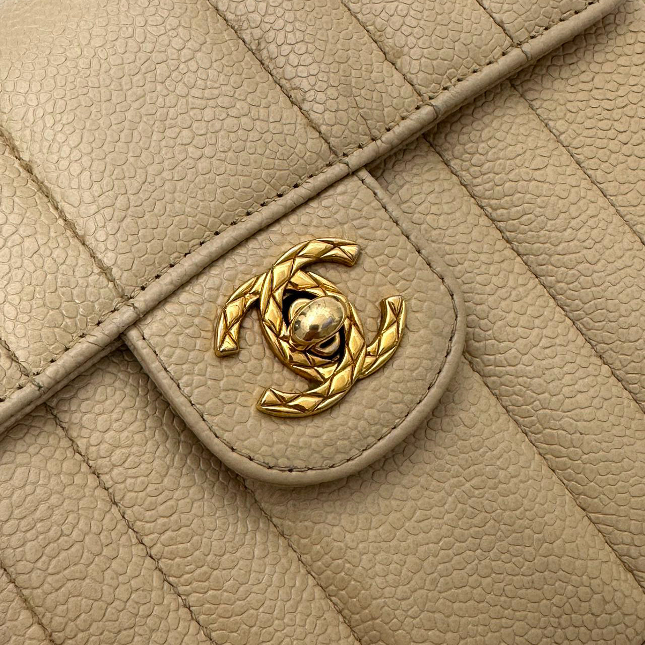 Chanel Vintage Beige Single Flap Bag Caviar Leather