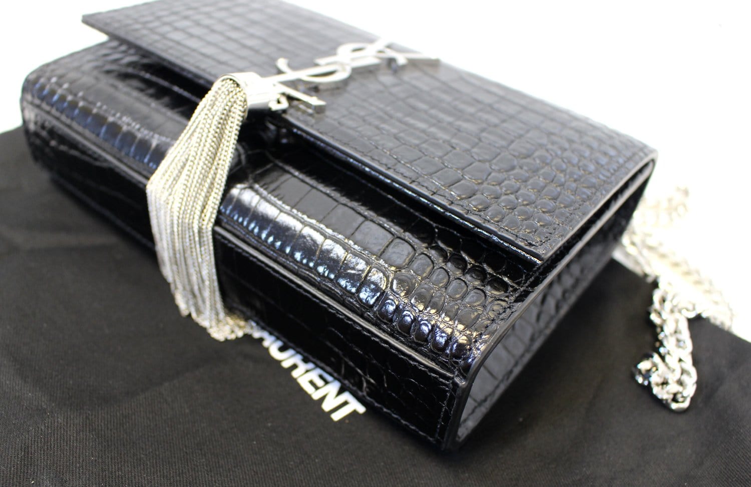 YVES SAINT LAURENT Crocodile Black Leather Silver Chain Clutch Crossbody Bag