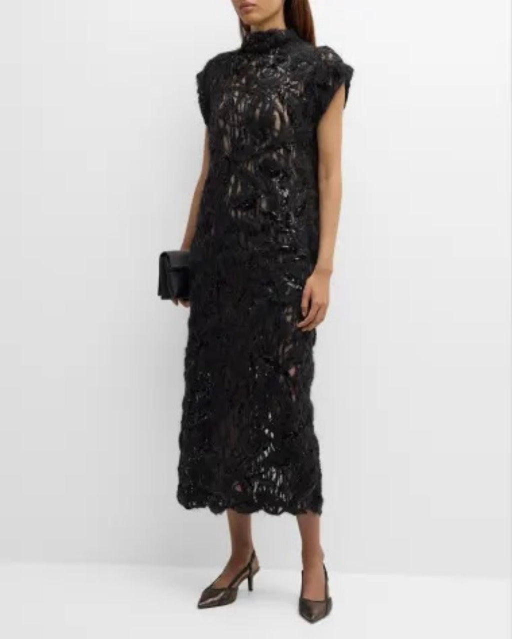 Brunello Cucinelli Black Mohair Sequin Knit Long Dress with Silk Slip - S (6)