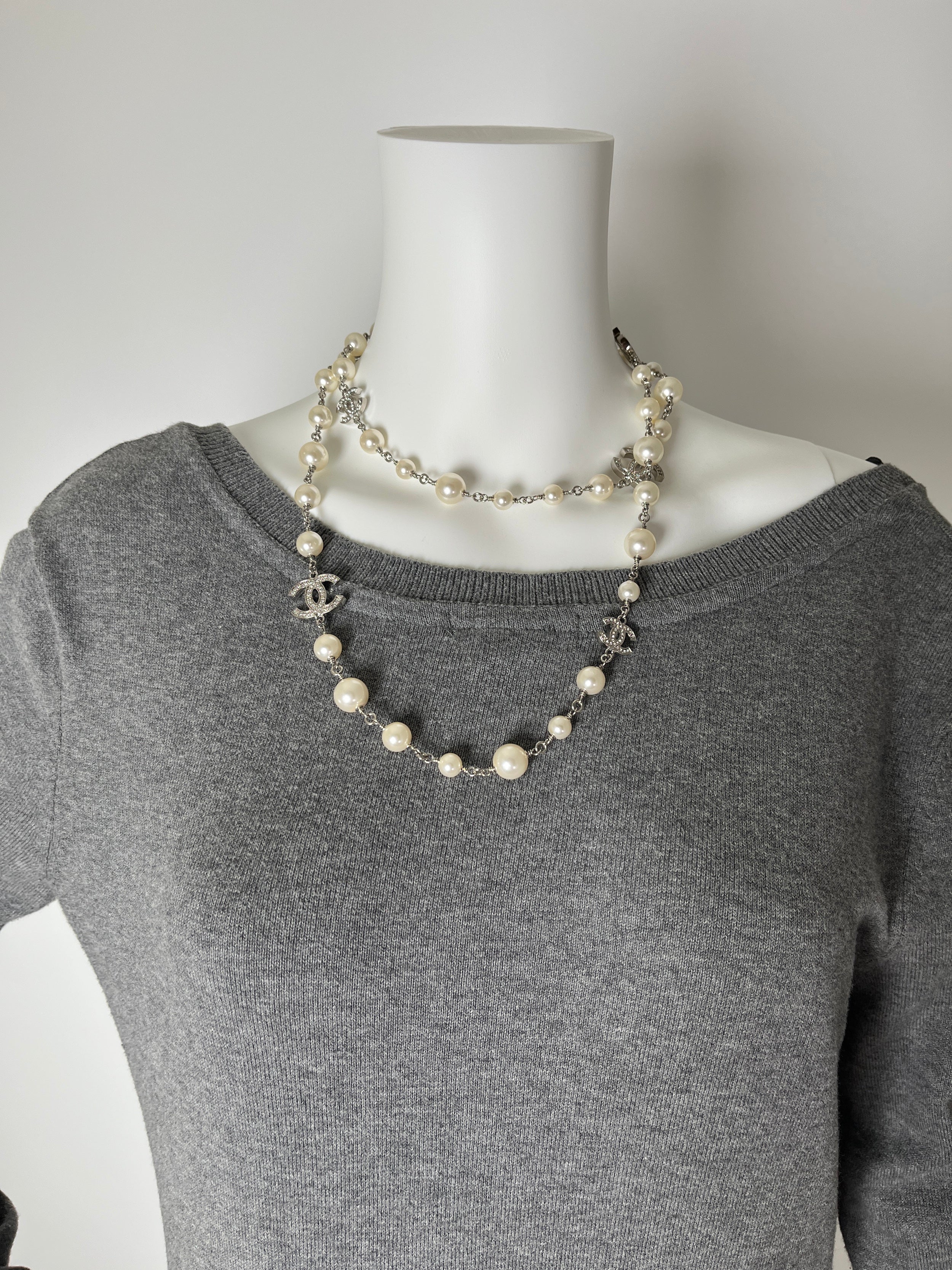 CHANEL Faux Pearl and Strass 2020 CC Long Station Classic Necklace