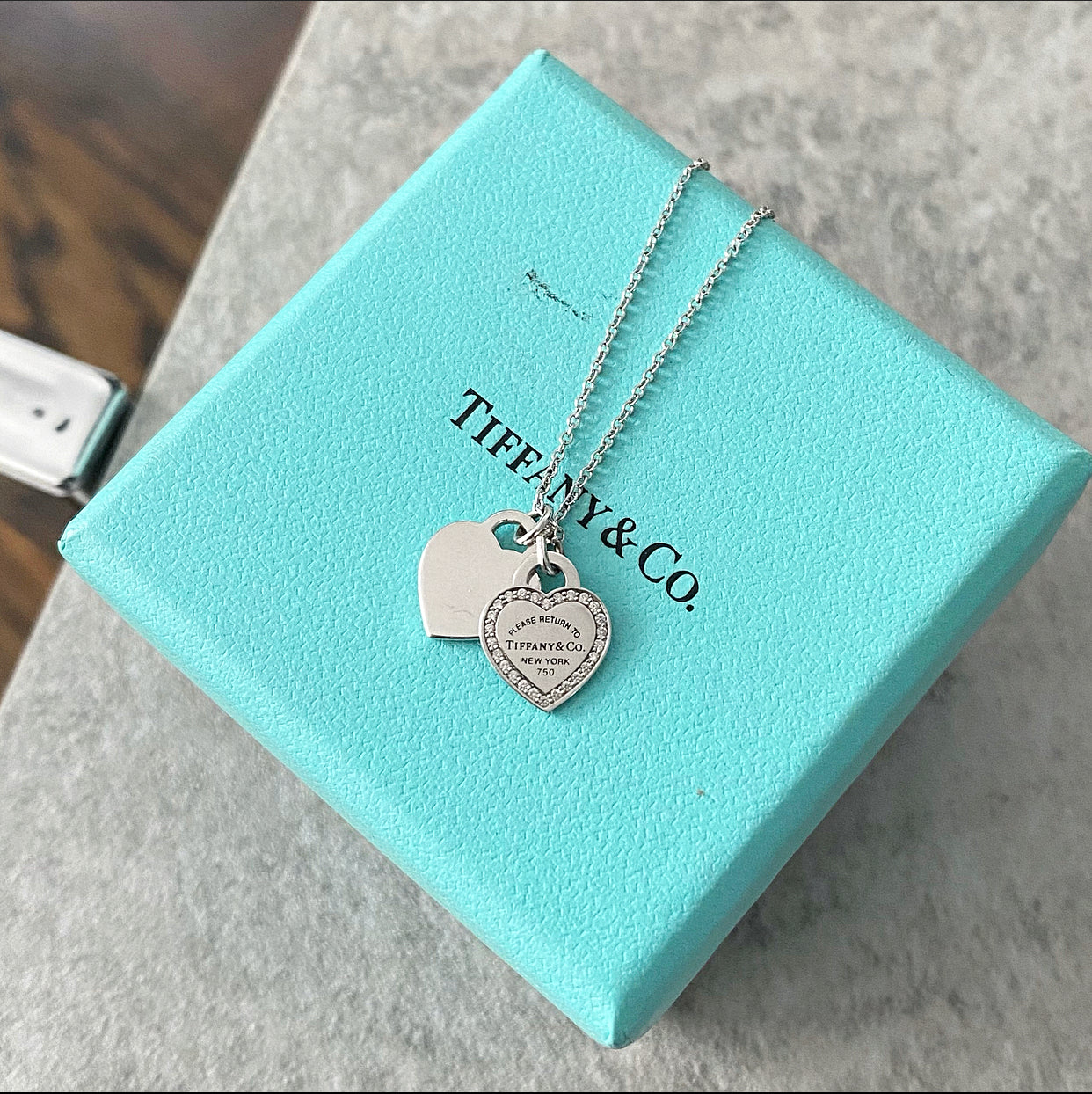 Tiffany & Co.  18k White Gold Diamond Double Heart Tag Necklace
