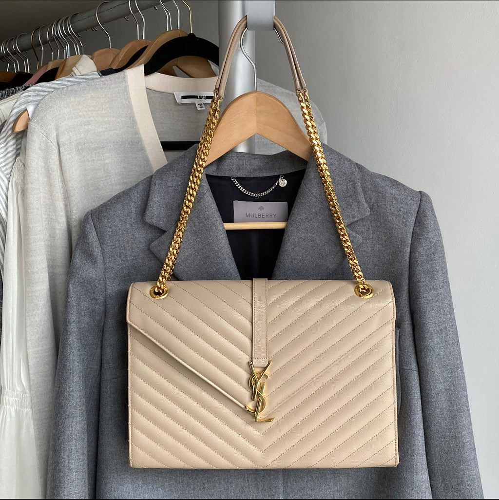 Saint Laurent Large Beige Chevron Envelope Flap Bag