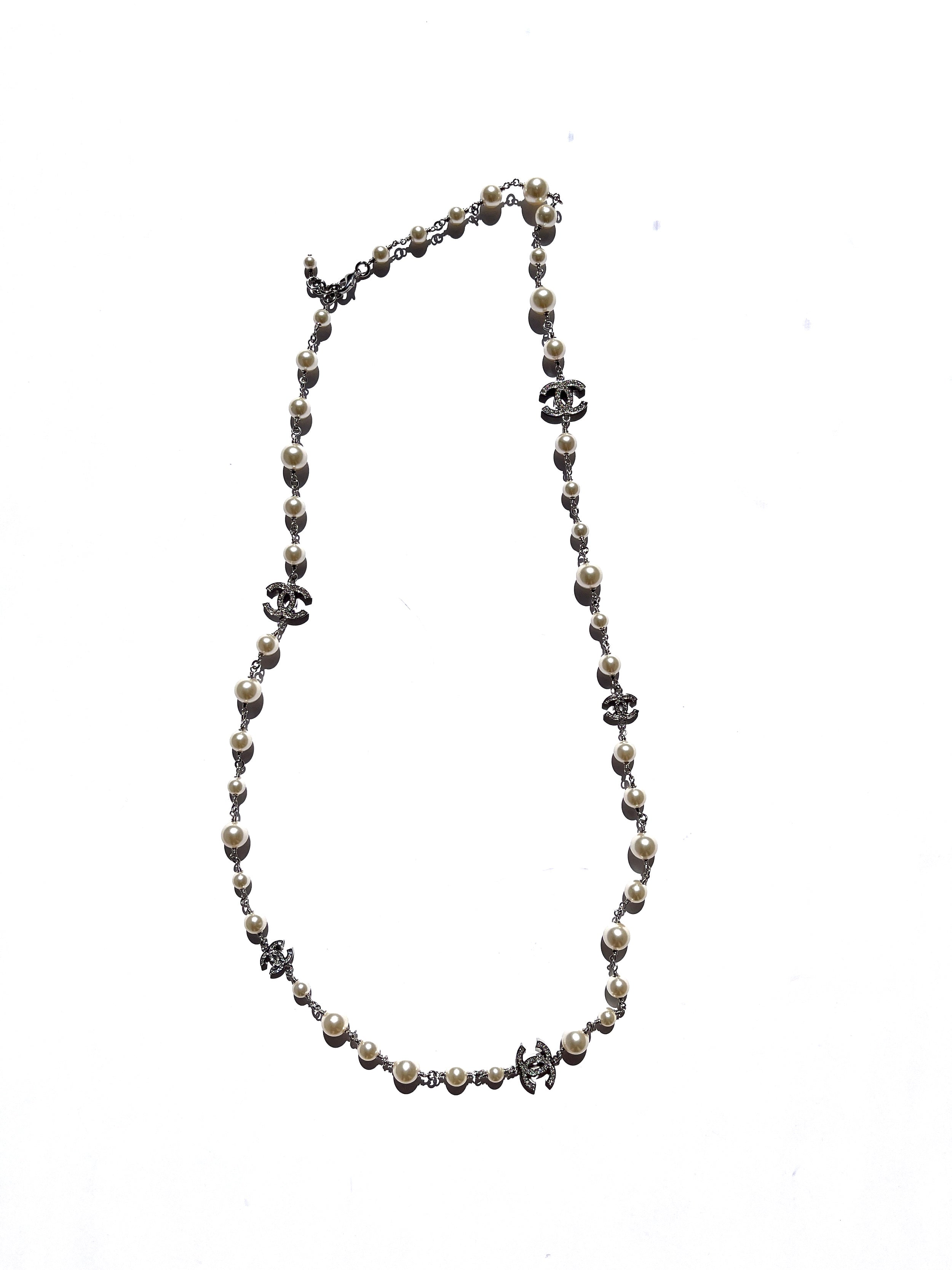 CHANEL Faux Pearl and Strass 2020 CC Long Station Classic Necklace