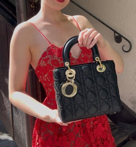 Christian Dior Black Small Lady Dior Bag in Cannage Lambskin Leather with Gold Hardware