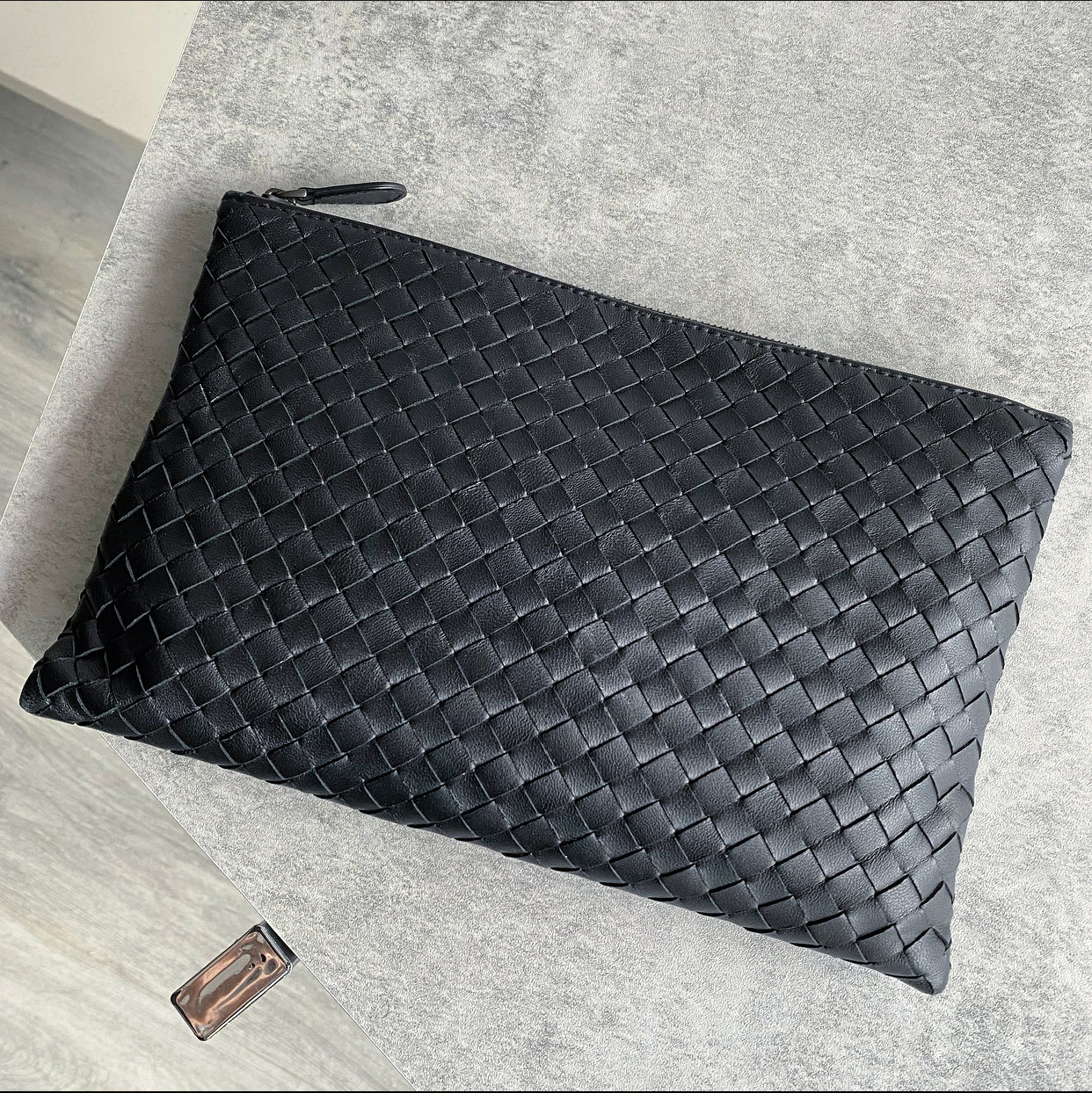 Bottega Veneta Black Intrecciato Leather Small Pouch Clutch