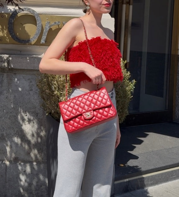 Chanel Red Classic Double Flap Bag in Medium Size Lambskin Leather With Gold Hardware