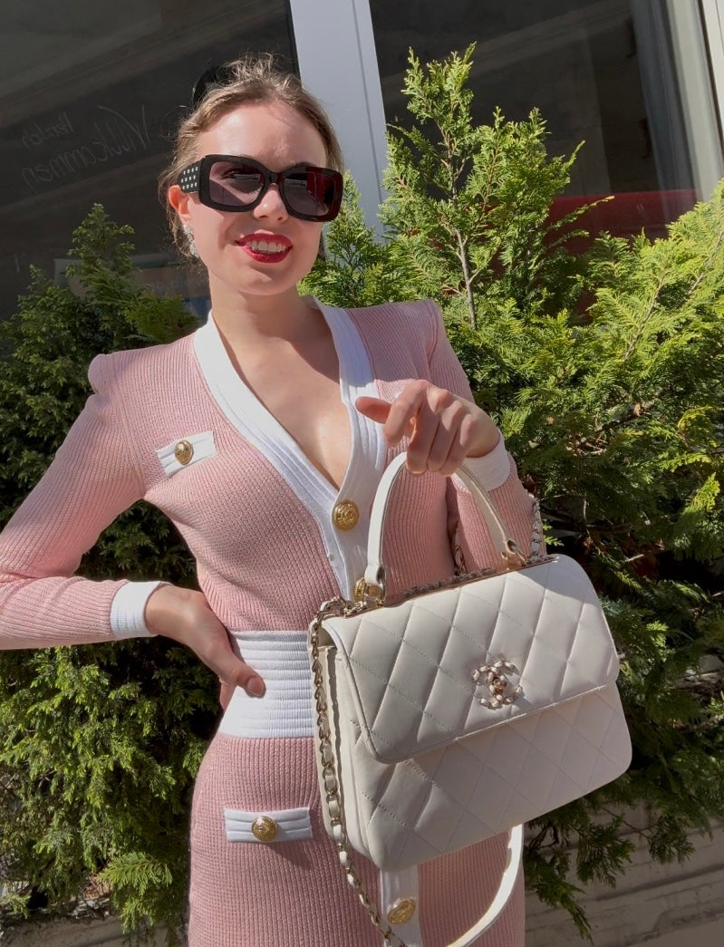 Chanel White Trendy CC Bag In Lambskin Leather With Top Handle In Small Size