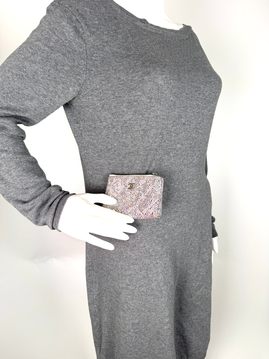 CHANEL Silver Swarovski Crystal Leather Key Pouch Case Holder