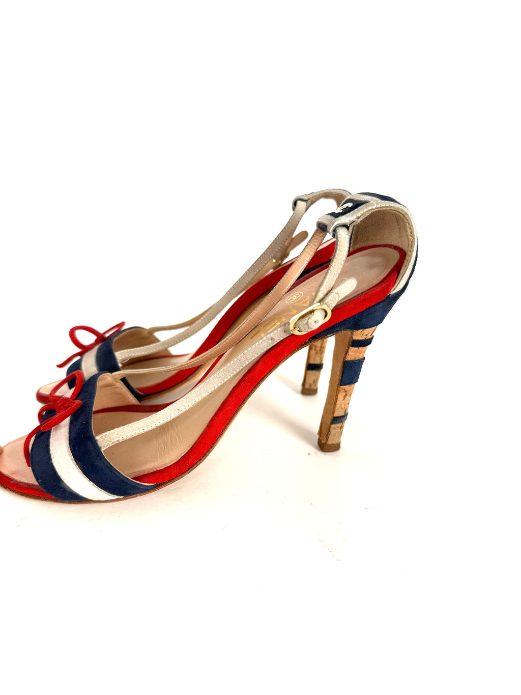 CHANEL Red Blue White Suede Bow CC Cork Heel Sandals Heels 37 6.5