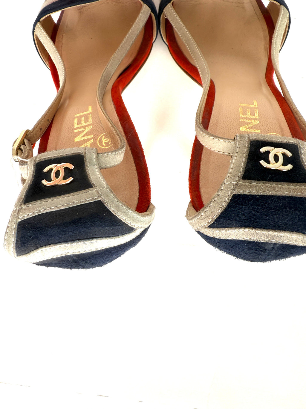 CHANEL Red Blue White Suede Bow CC Cork Heel Sandals Heels 37 6.5