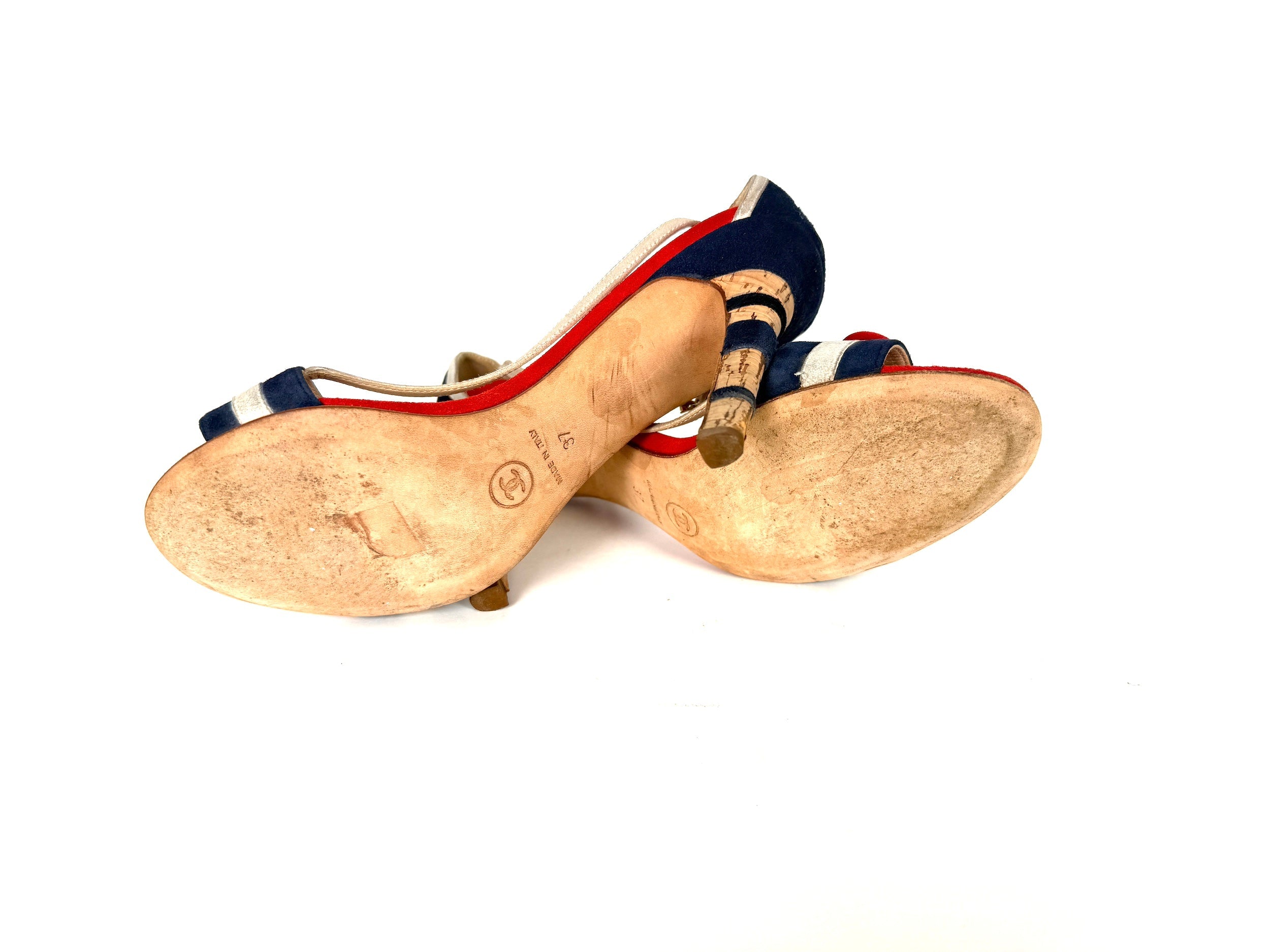CHANEL Red Blue White Suede Bow CC Cork Heel Sandals Heels 37 6.5