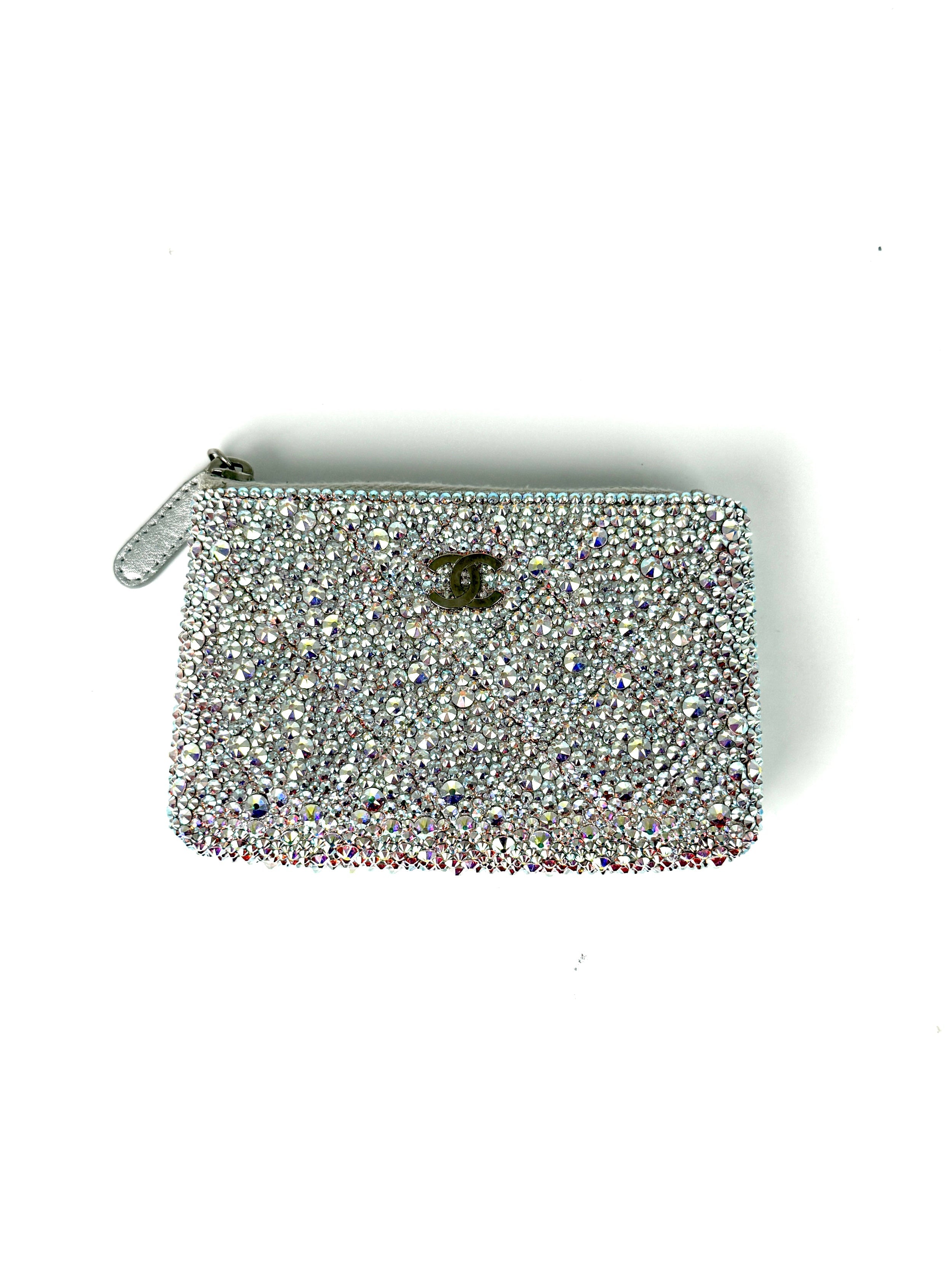 CHANEL Silver Swarovski Crystal Leather Key Pouch Case Holder
