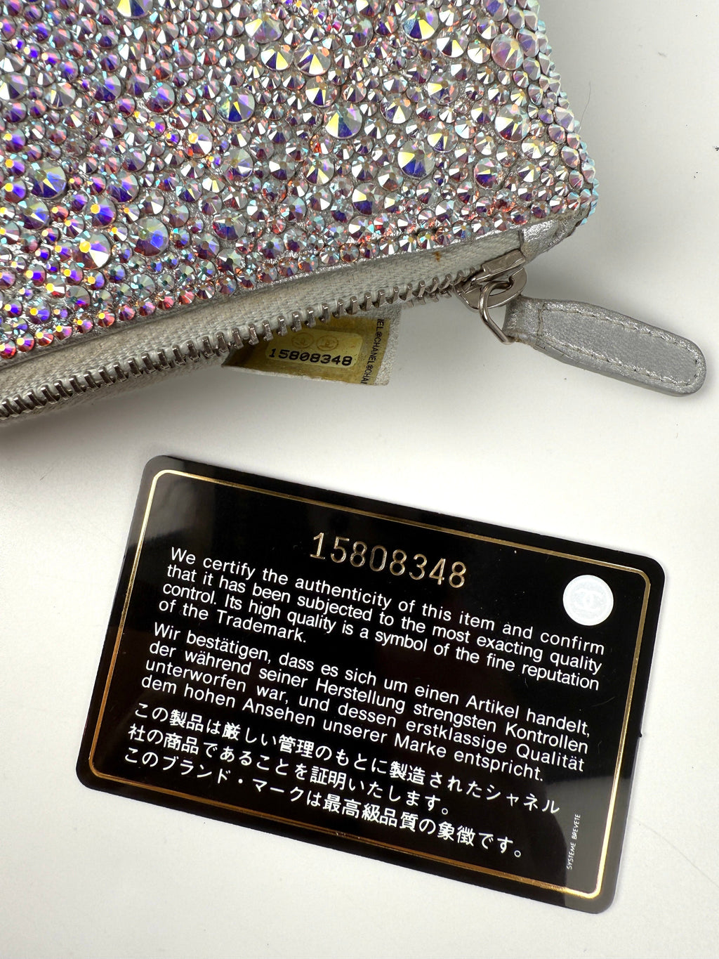 CHANEL Silver Swarovski Crystal Leather Key Pouch Case Holder