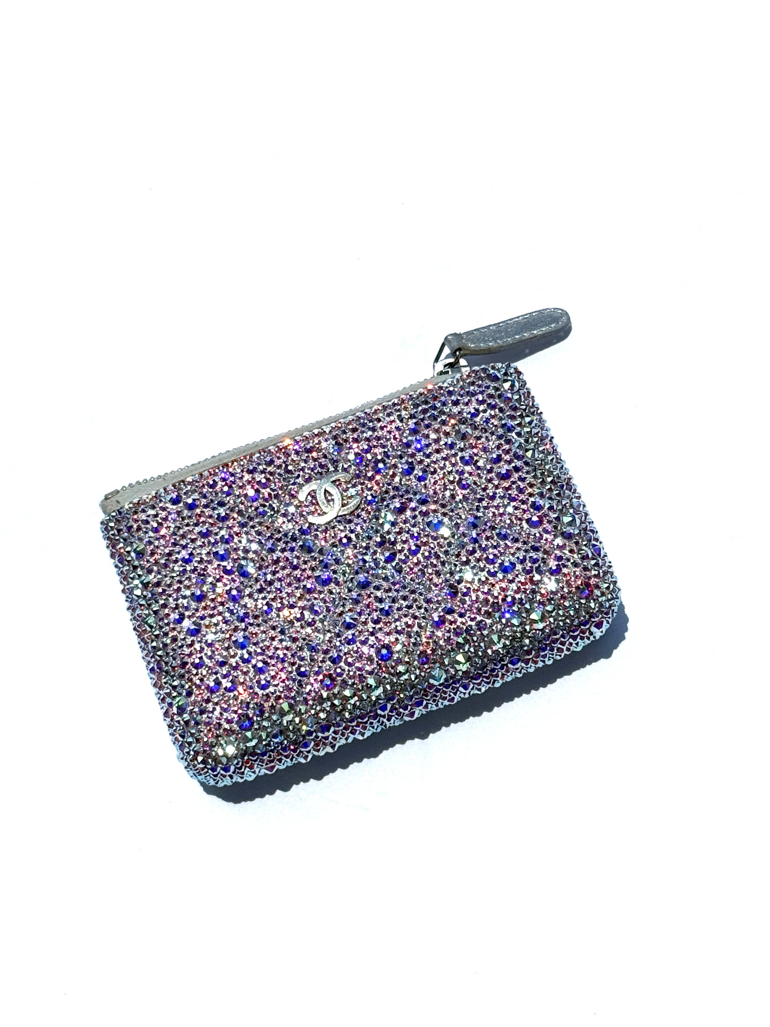 CHANEL Silver Swarovski Crystal Leather Key Pouch Case Holder