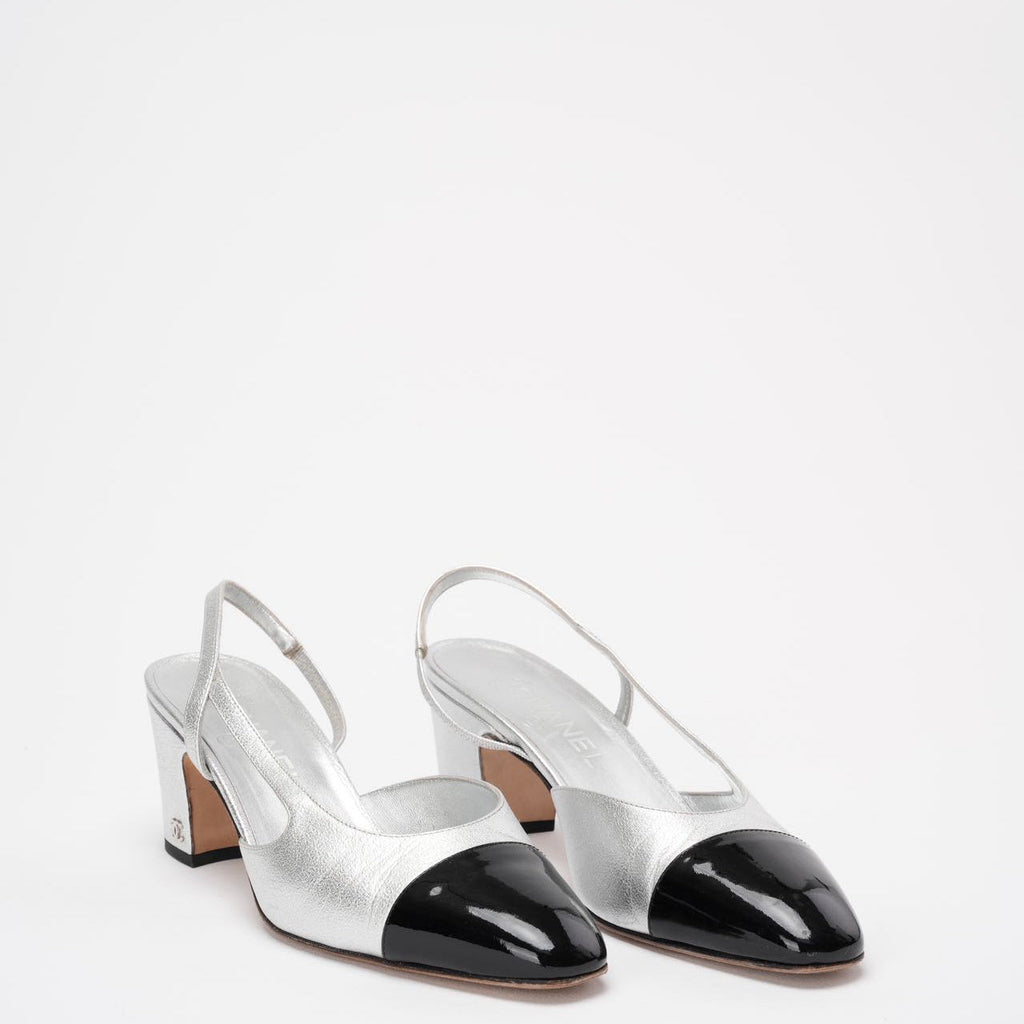 Chanel Silver / Black Leather and Patent Cap Toe CC D'osray Slingback Sandals Size 38